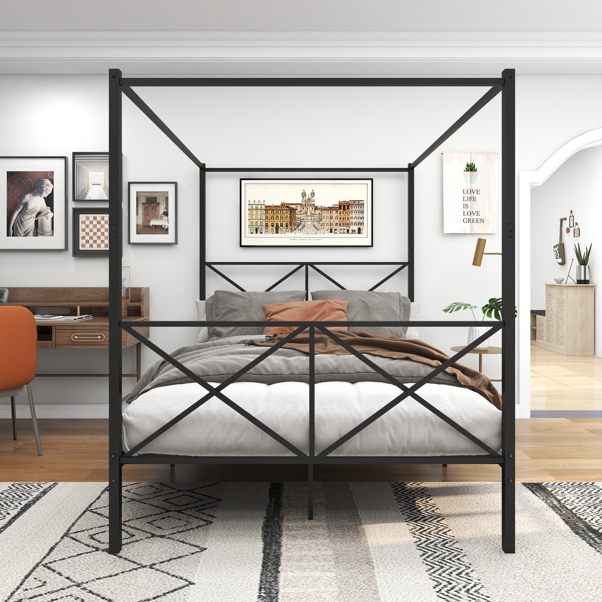 Metal Canopy Bed Frame; Platform Bed Frame Queen with X Shaped Frame Queen Black(same as W84034643)