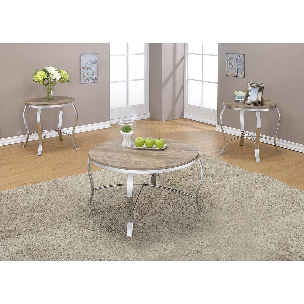 ACME Malai Coffee/End Table Set (3Pc Pk) in Weathered Light Oak & Chrome 81705