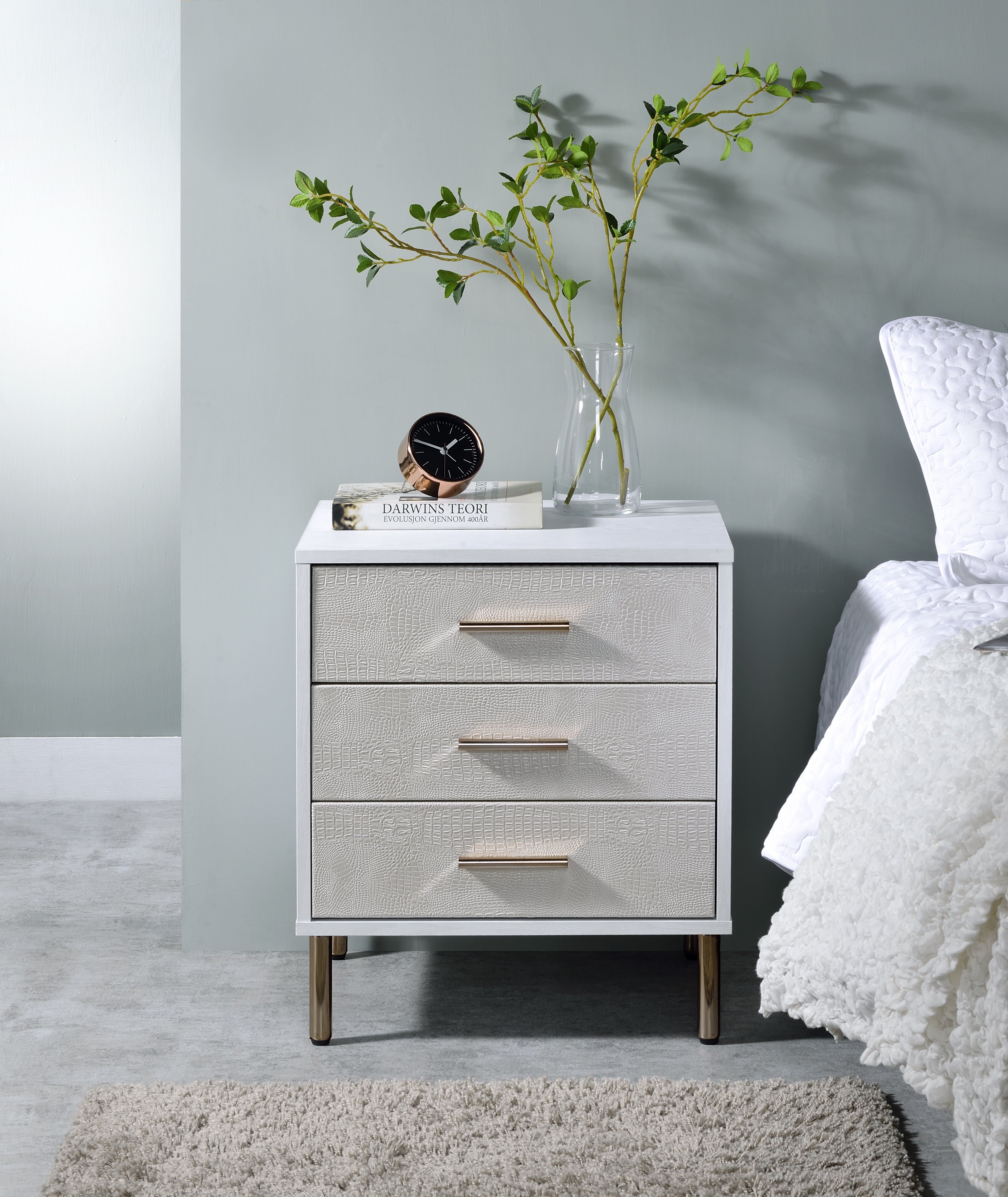 ACME Myles Nightstand, White, Champagne & Gold Finish AC00843