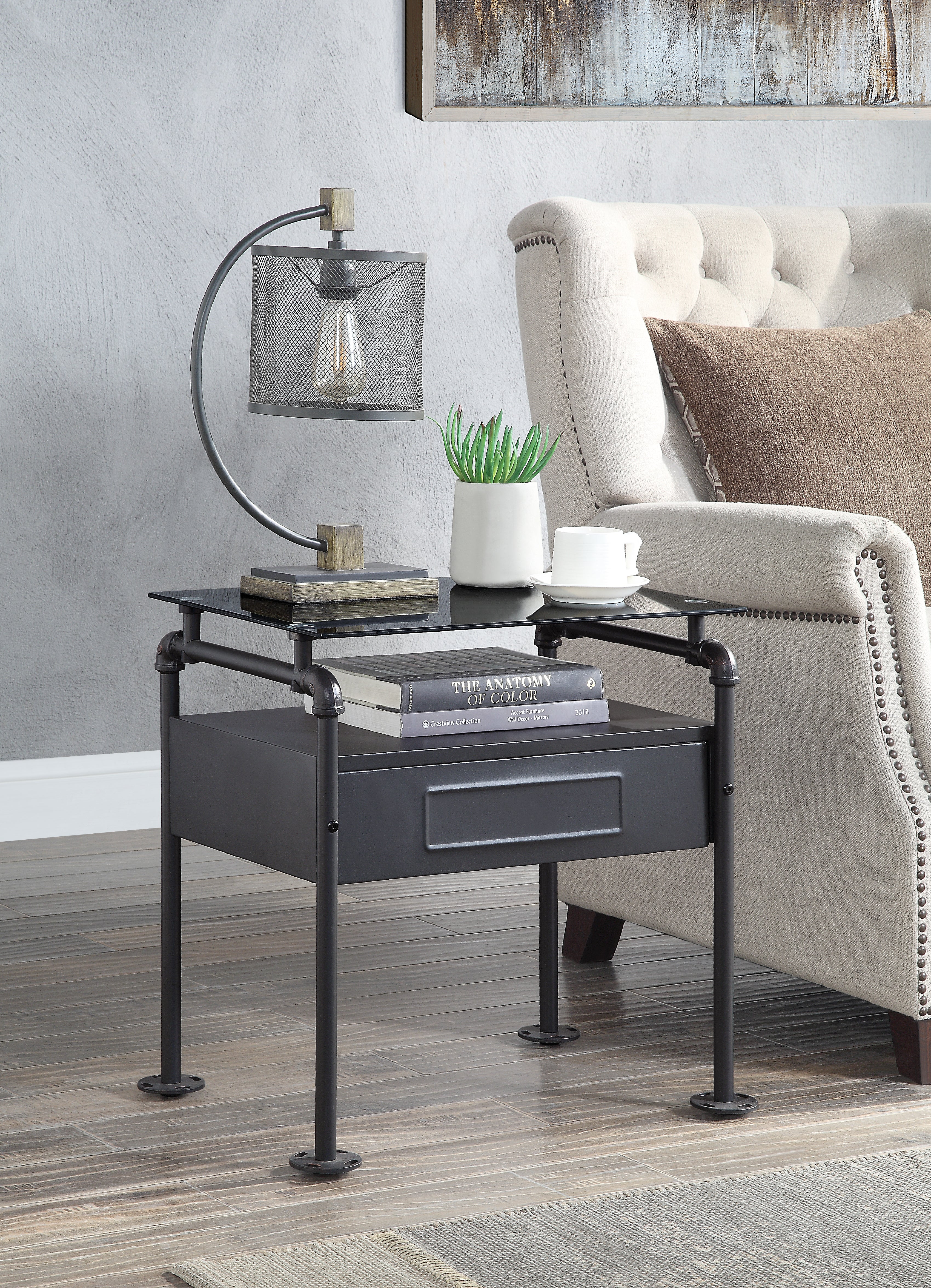 ACME Nicipolis Nightstand, Glass & Sandy Gray 30738