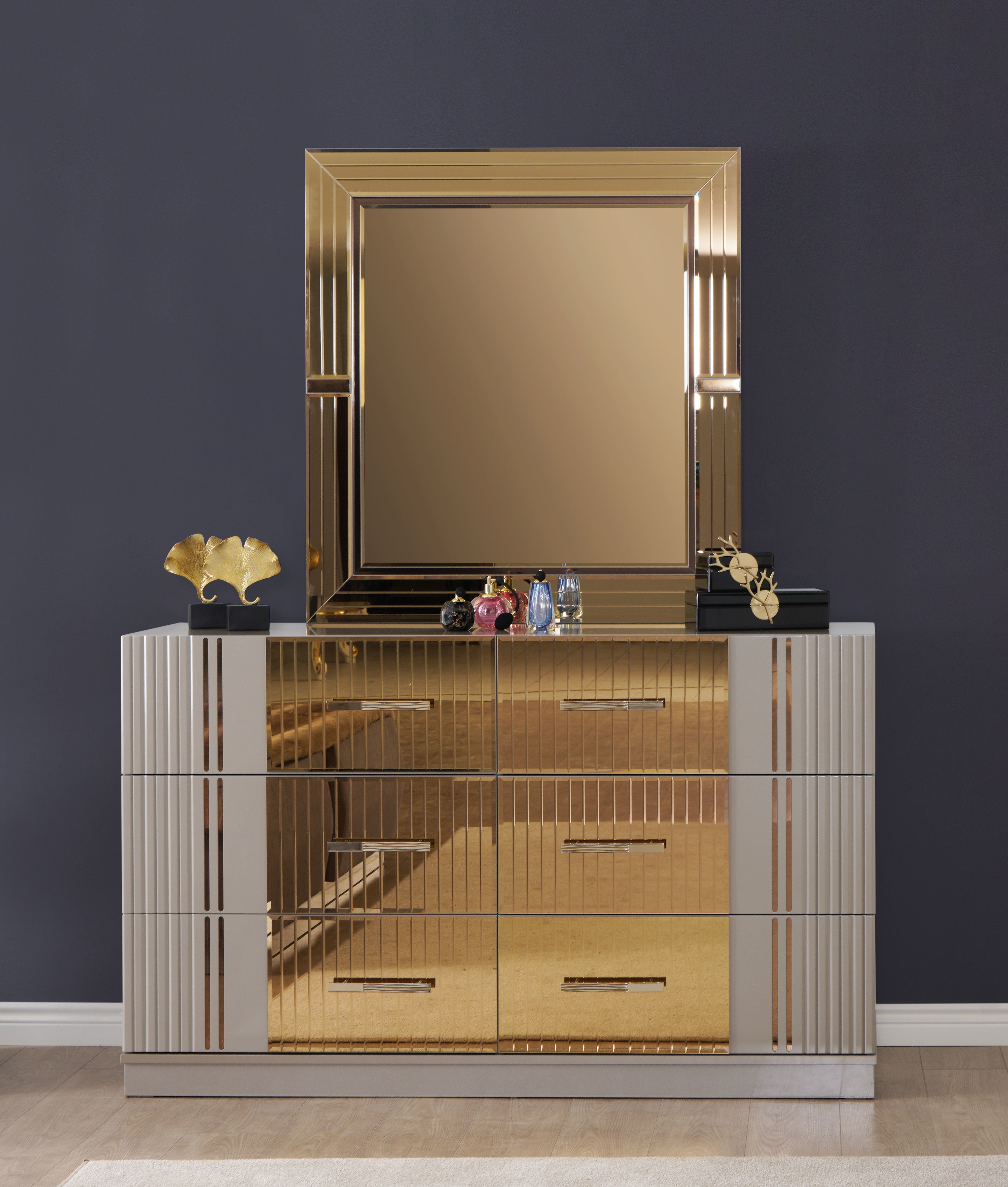 Lorenzo Gold Detailed Dresser made with Wood in Gray