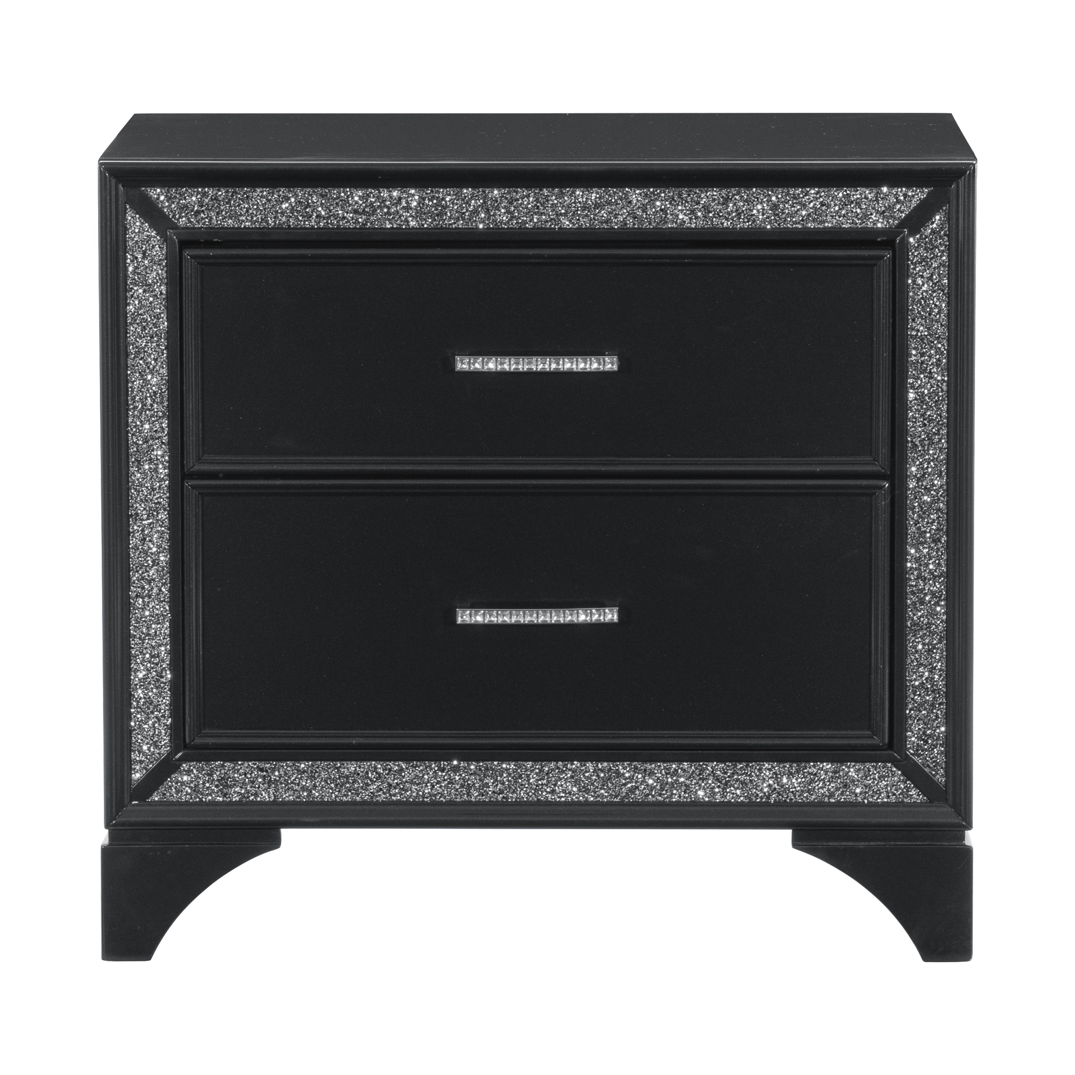 Glamourous Peal Black Metallic Finish 1pc Nightstand of 2x Drawers Faux Crystal Handles Modern Bedroom Wooden Furniture