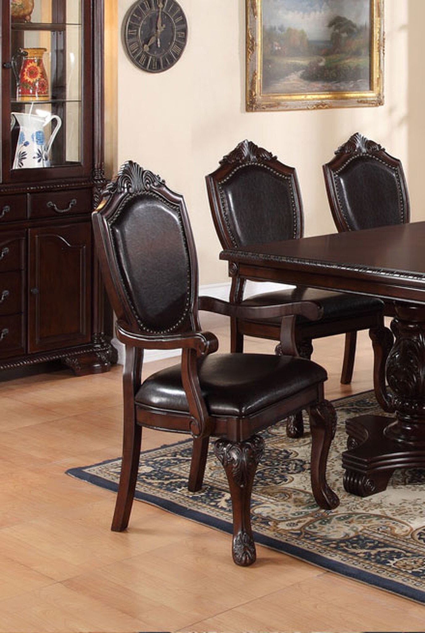 Gorgeous Formal Set of 2 Arm Chairs Brown Color Rubberwood Dining Room Furniture Faux Leather Upholstered Seat