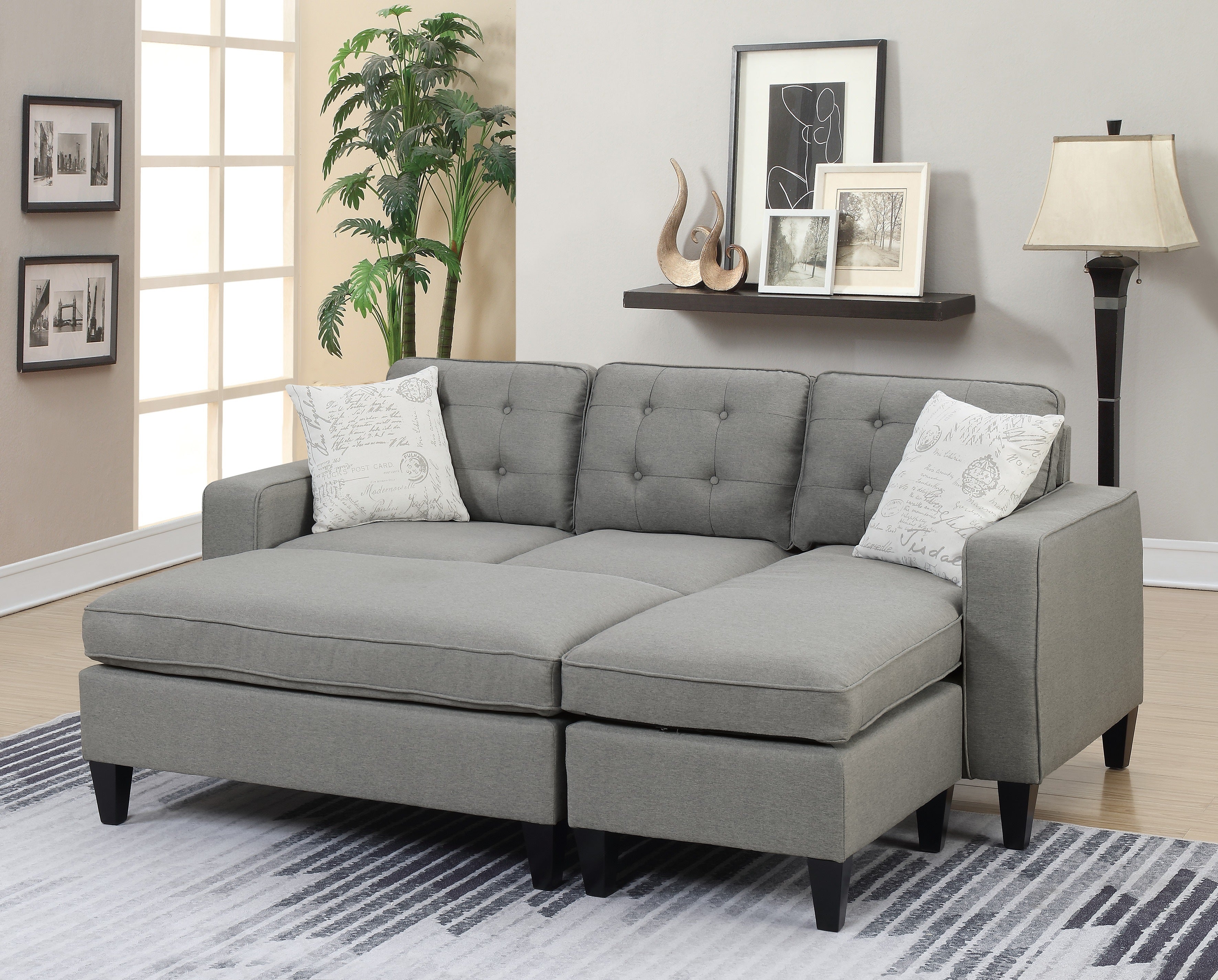 Reversible 3pc Sectional Sofa Set Light Grey Tufted Polyfiber Wood Legs Chaise Sofa Ottoman Pillows Cushion Couch