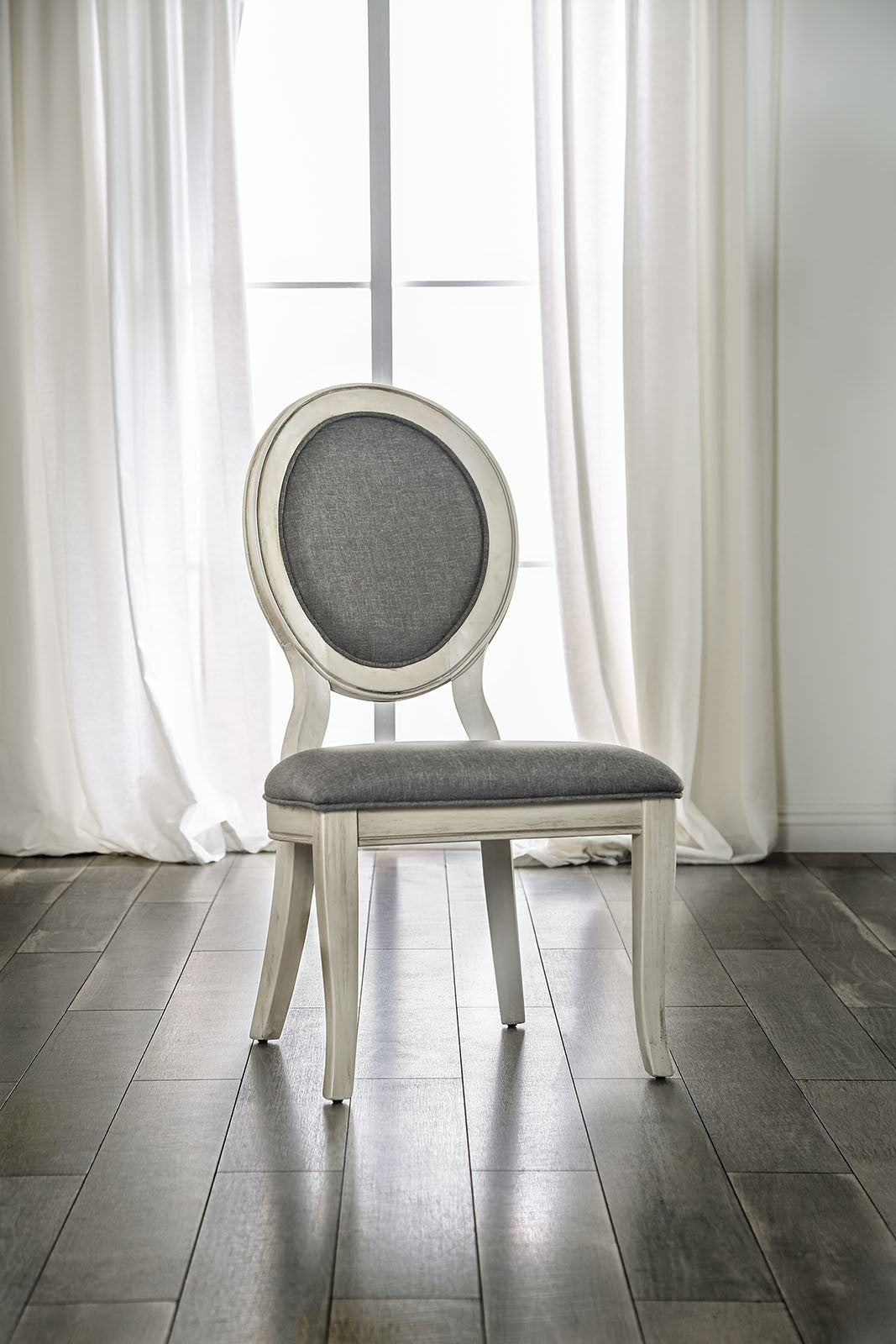 Transitional Antique White and Gray Side Chairs Set of 2 Chairs Dining Room Furniture Padded fabric seat