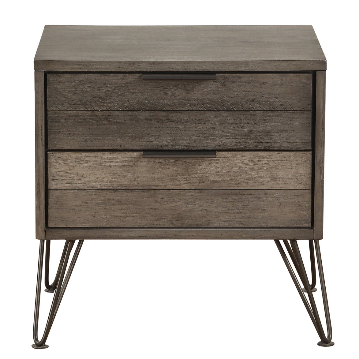 Contemporary Three-Tone Gray Finish Nightstand Perched atop Metal Legs Acacia Veneer Modern Bedroom Furniture