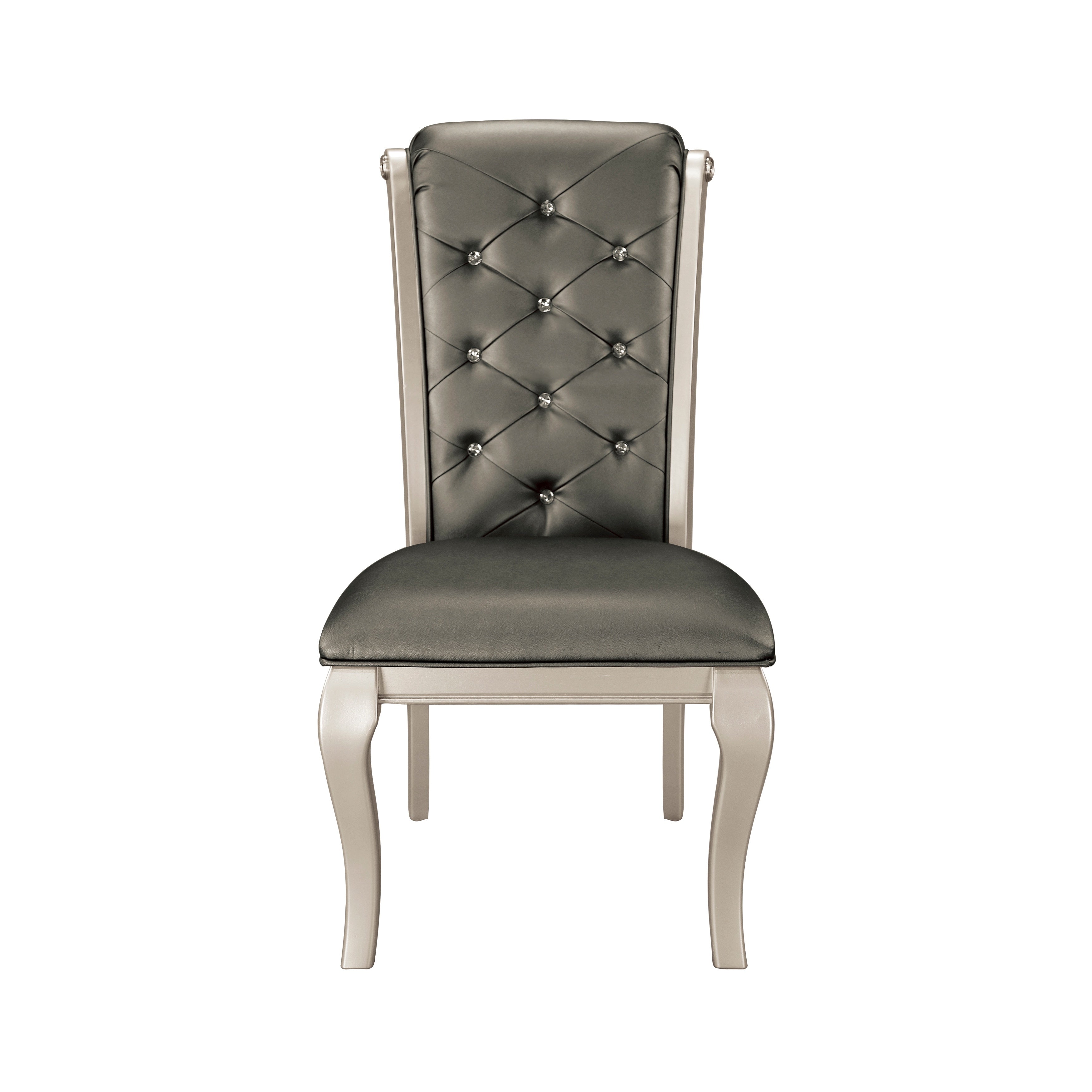 Crystal Button-Tufted Side Chairs 2pc Set Silver Finish Wood Frame Gray Faux Leather Upholstered Dining Furniture