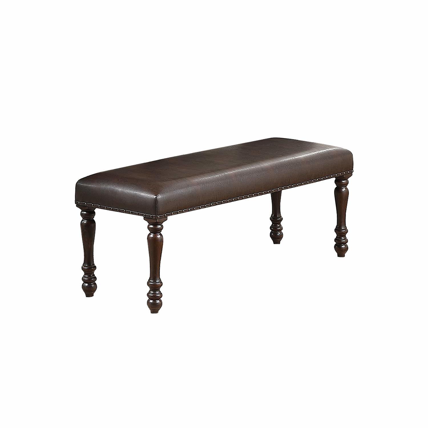 Classic Design Cherry Finish Faux Leather 1x Bench Dining Room Furniture Rubber wood Foam Cushion Carved Legs