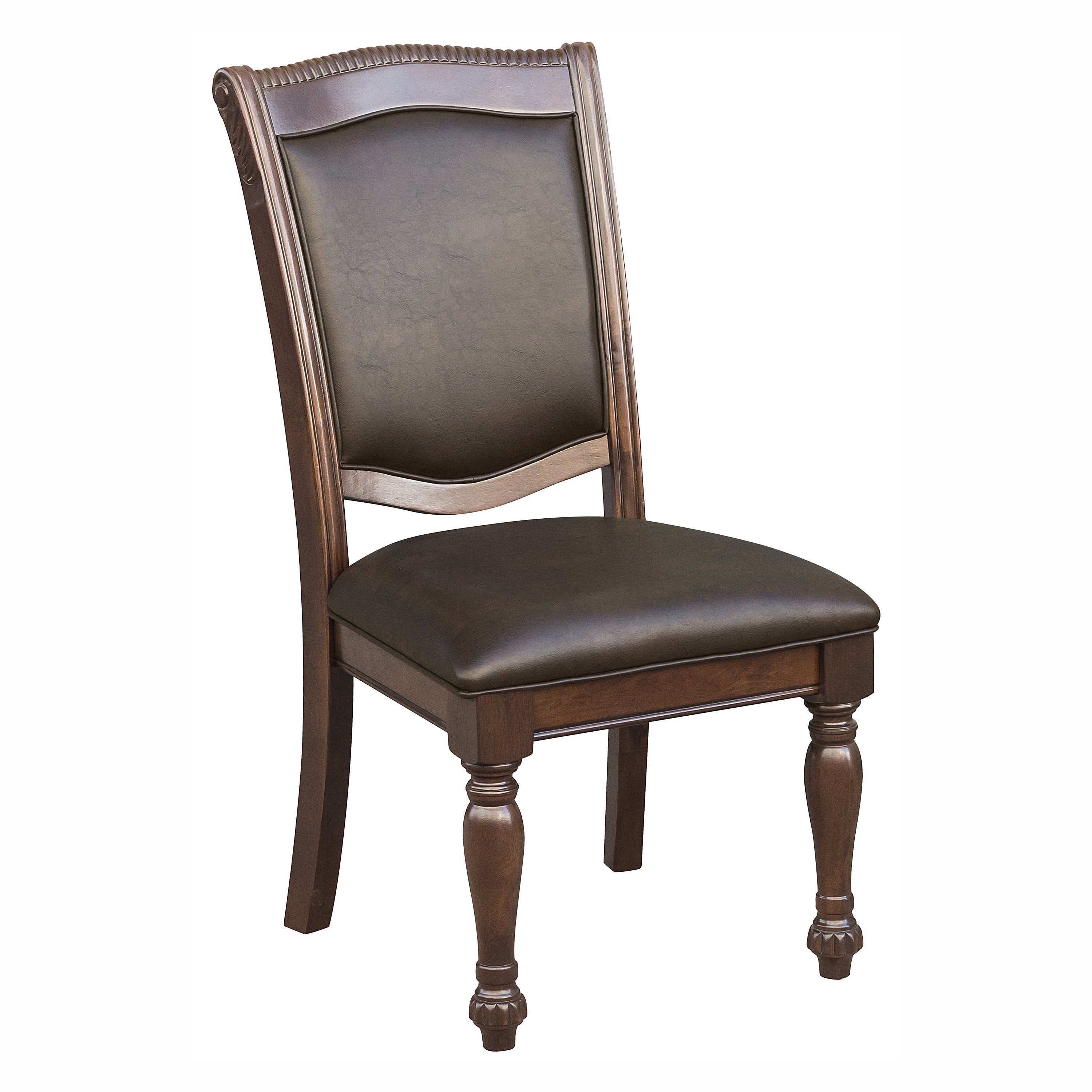 Traditional Dining Wooden Side Chairs Set of 2 Brown Cherry Finish Faux Leather Upholstery Home Furniture