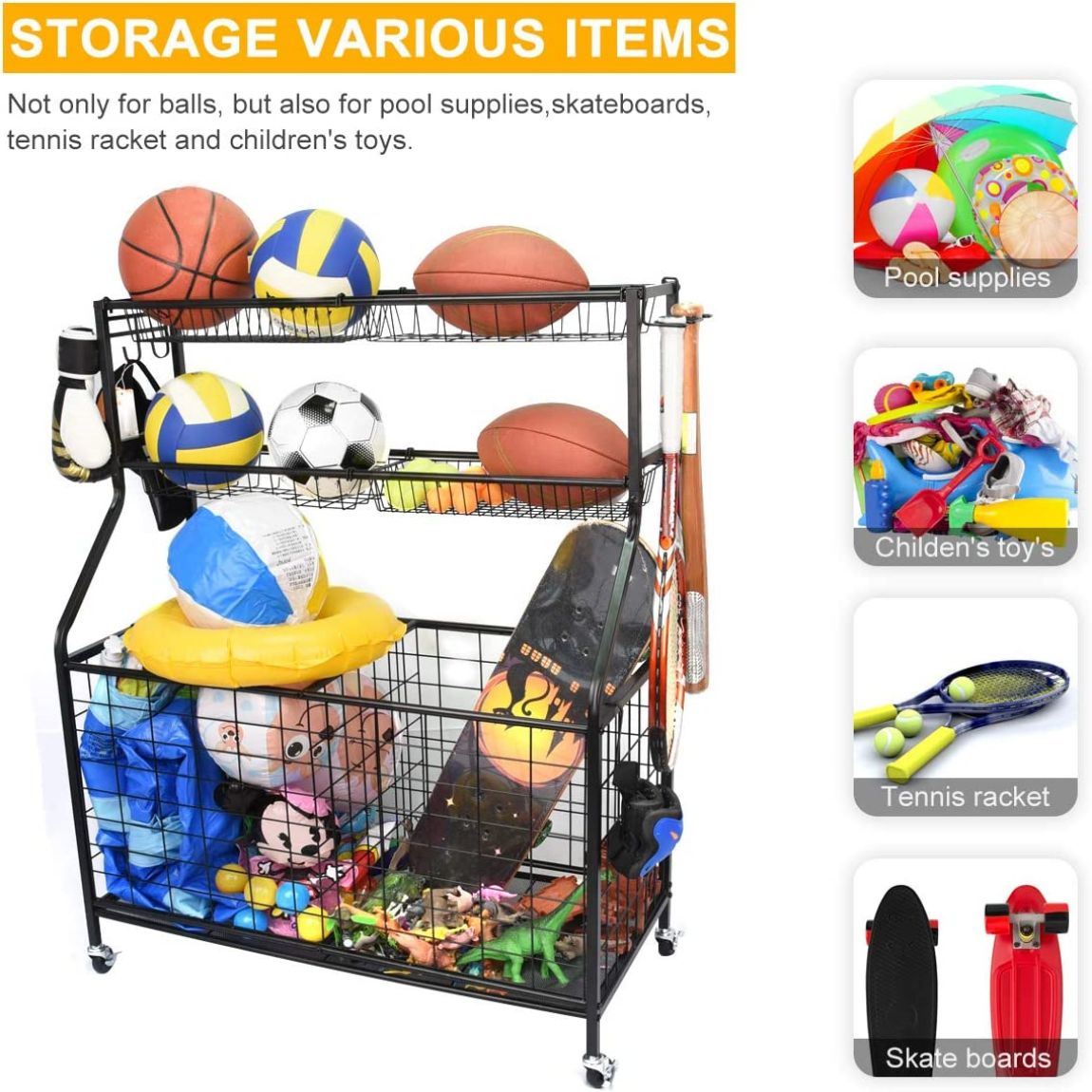 Sports Equipment Organizer, Sports Gear Basketball Storage with Baskets and Hooks,Ball Storage Rack, Garage Ball Storage, Sports Gear Storage,Rolling 