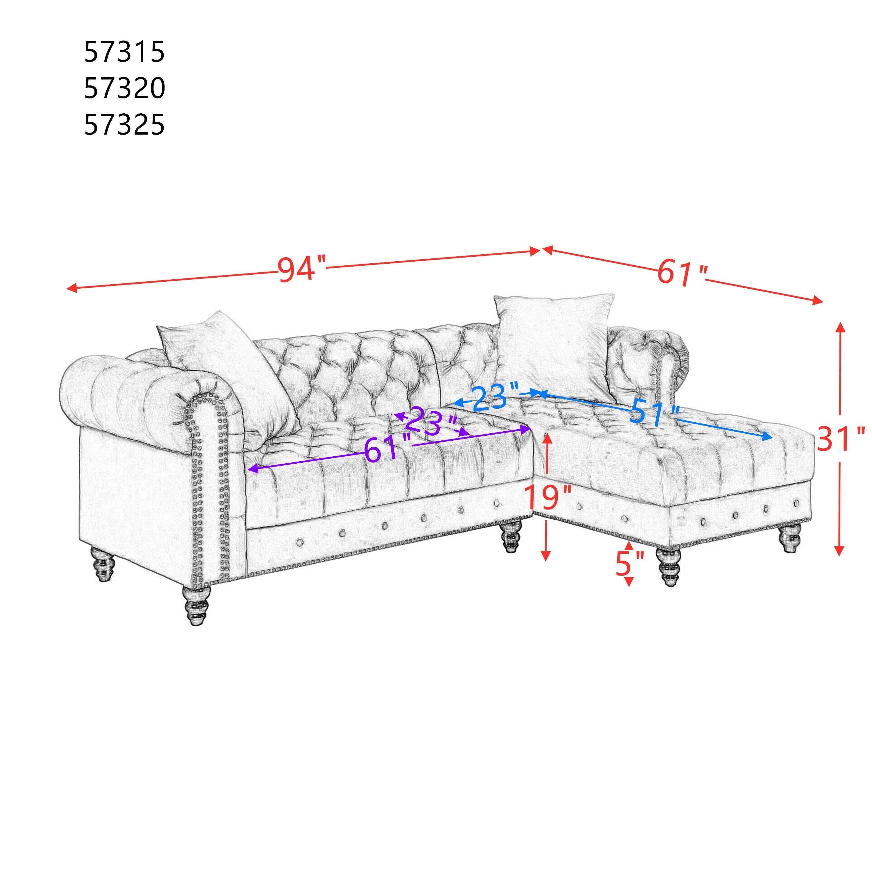 ACME Adnelis Sectional Sofa w/2 Pillows, Red Velvet 57315