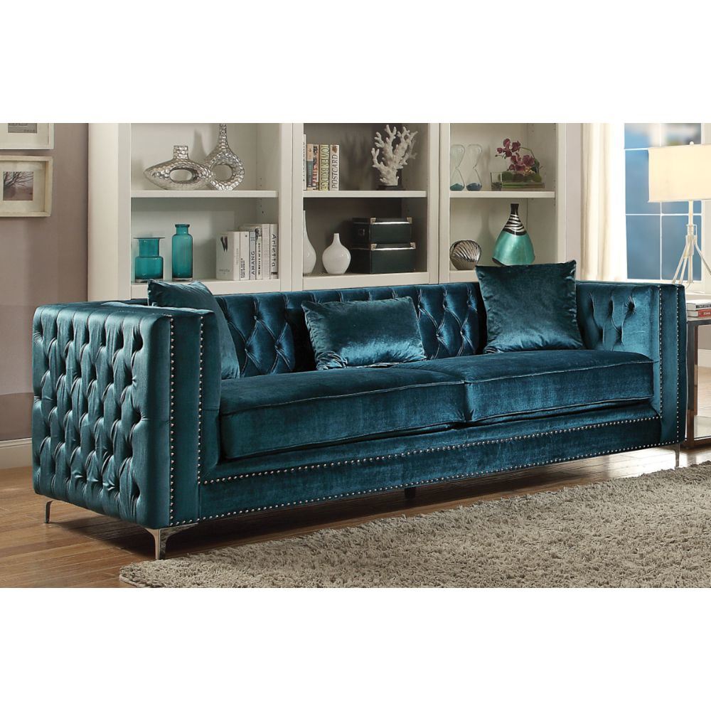 ACME Gillian Sofa w/3 Pillows in Dark Teal Velvet 52790