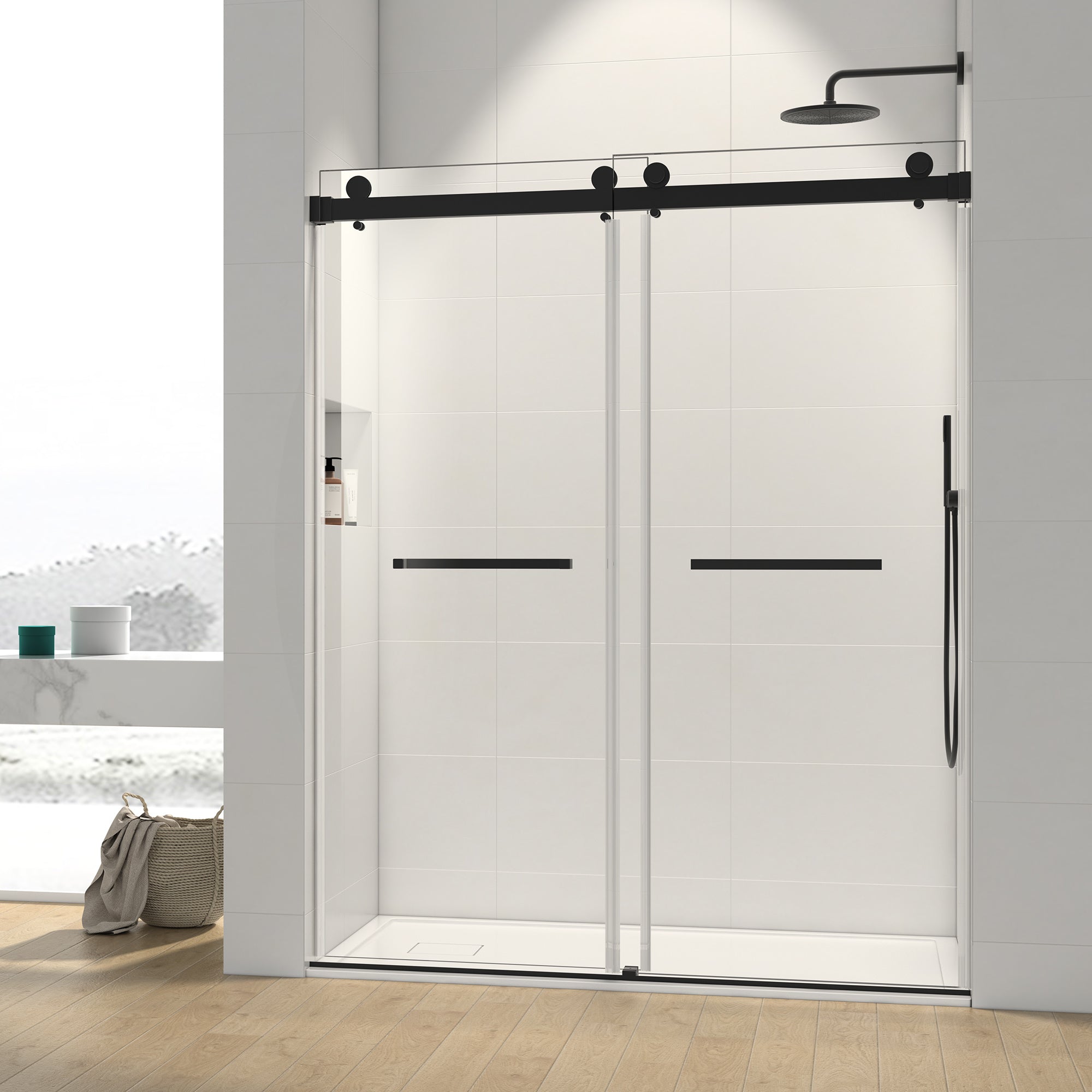 60*76" Double Sliding Frameless Shower Door Matte Black Without Buffer