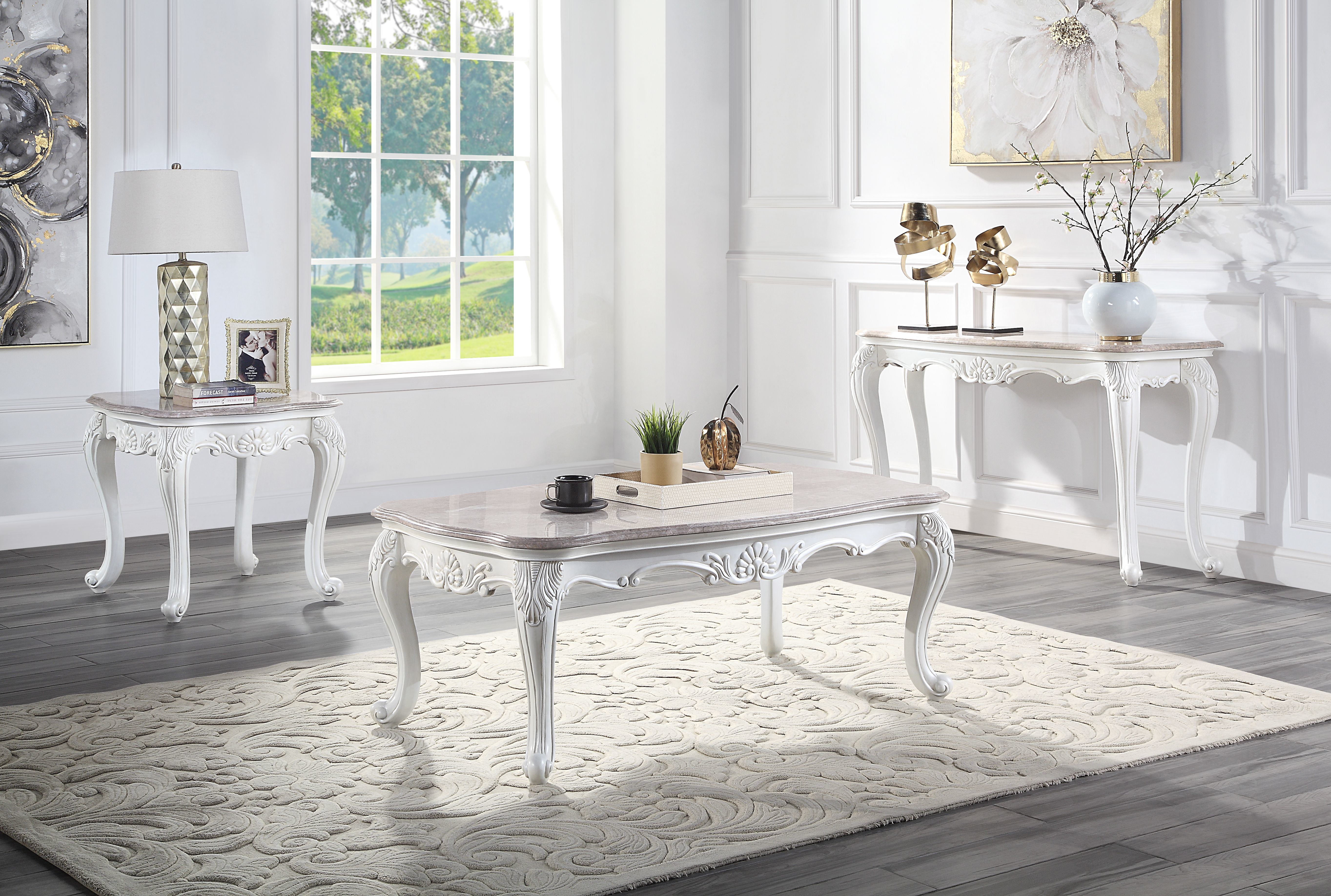 ACME Ciddrenar Coffee Table, Marble Top & White Finish 84310