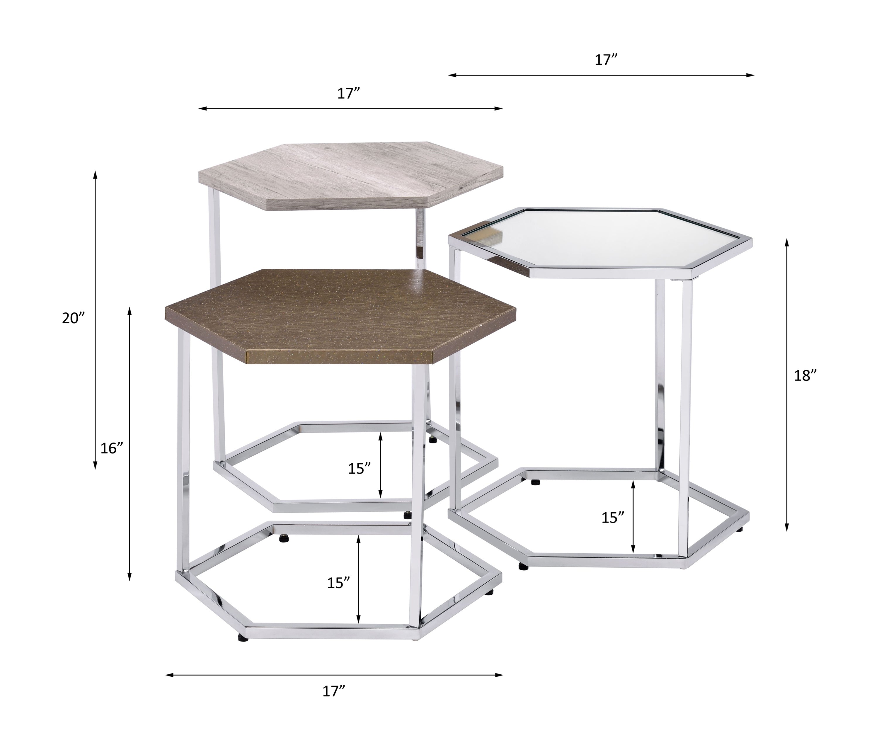 ACME Simno Nesting Tables, Clear Glass, Taupe, Gray Washed & Chrome Finish 82105