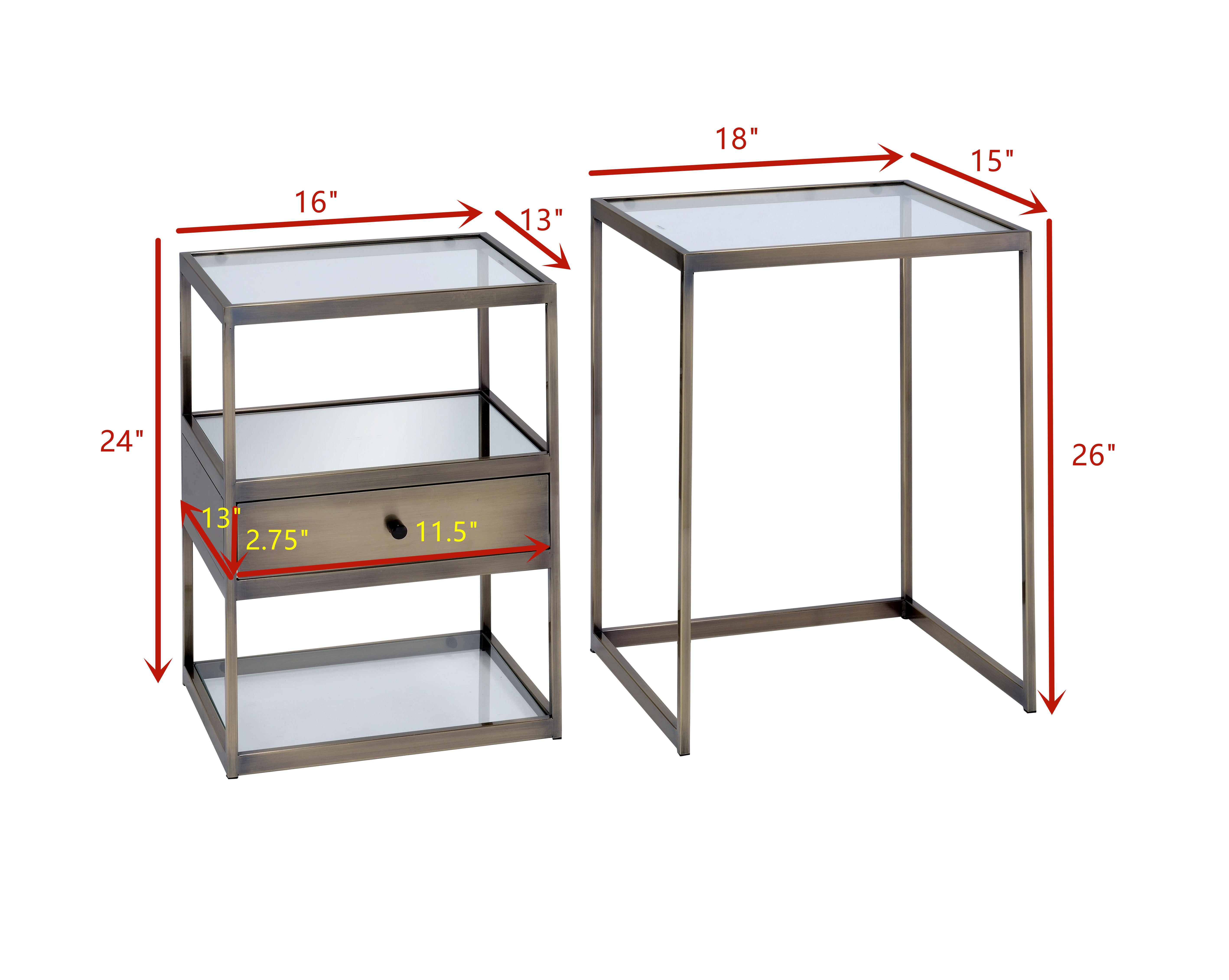 ACME Enca Nesting Table Set (2Pc Pk) in Antique Brass & Clear Glass 84470