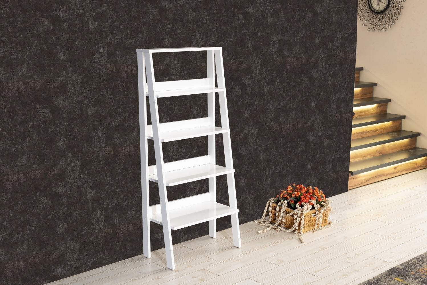 Furnish Home Store Otavio 5 Tier Modern Ladder Bookshelf Organizers, Wood Frame Bookshelf for Small Spaces in Your Living Rooms, Office Furniture Bookcase, White