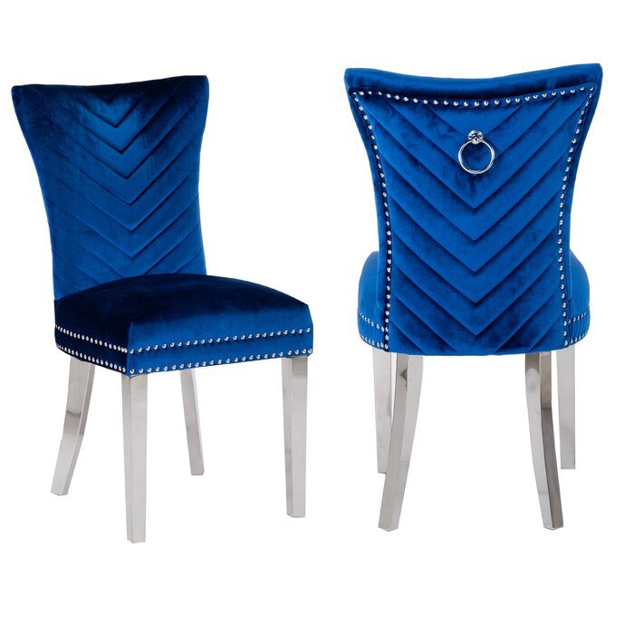 Eva 2 Piece Stainless Steel Legs Chair Finish with Velvet Fabric in Blue