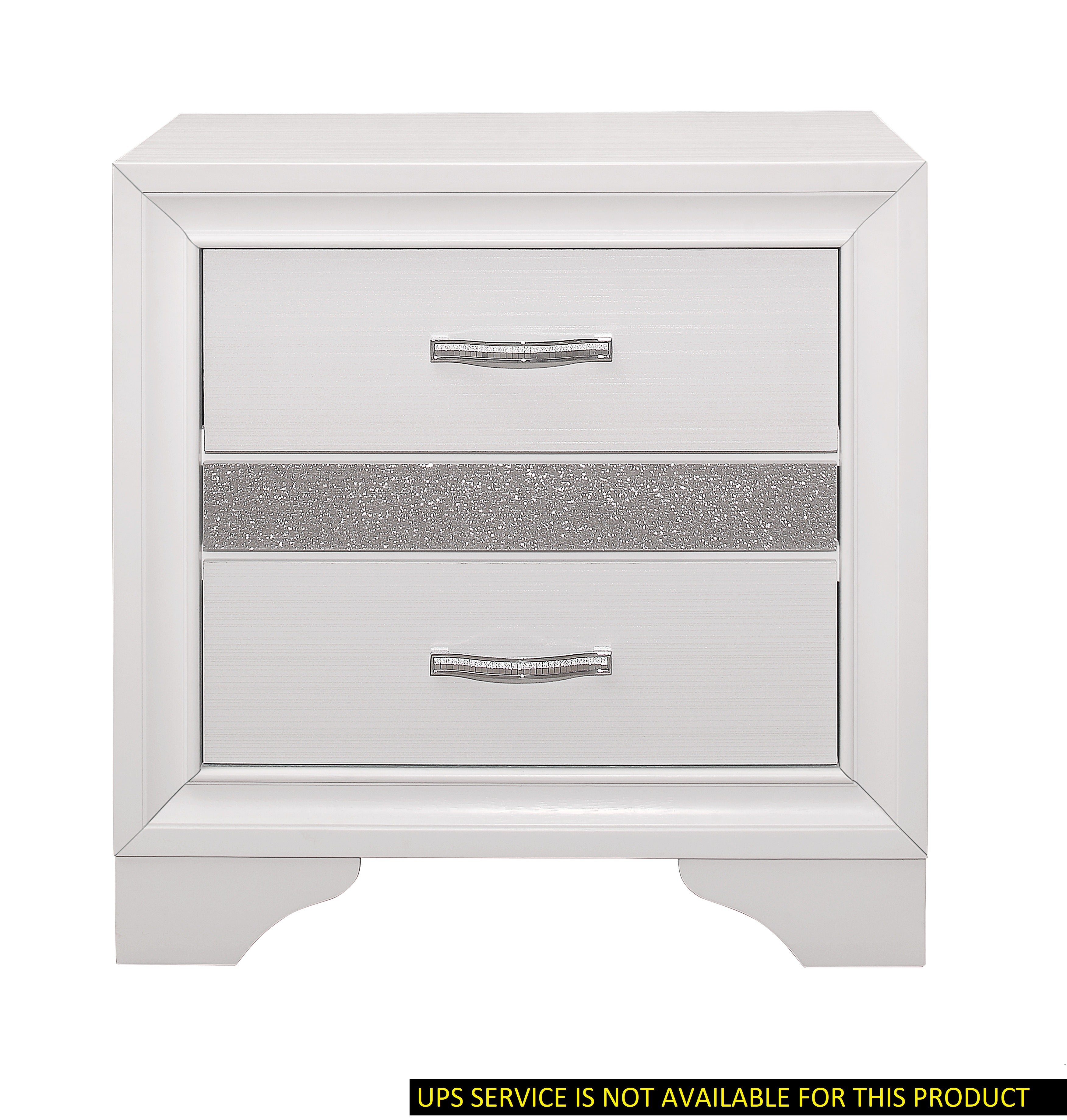 Glamorous Bedroom Furniture 1pc Nightstand of Drawers with Hidden Felt-Lined Jewelry Drawer White Finish and Silver Glitter