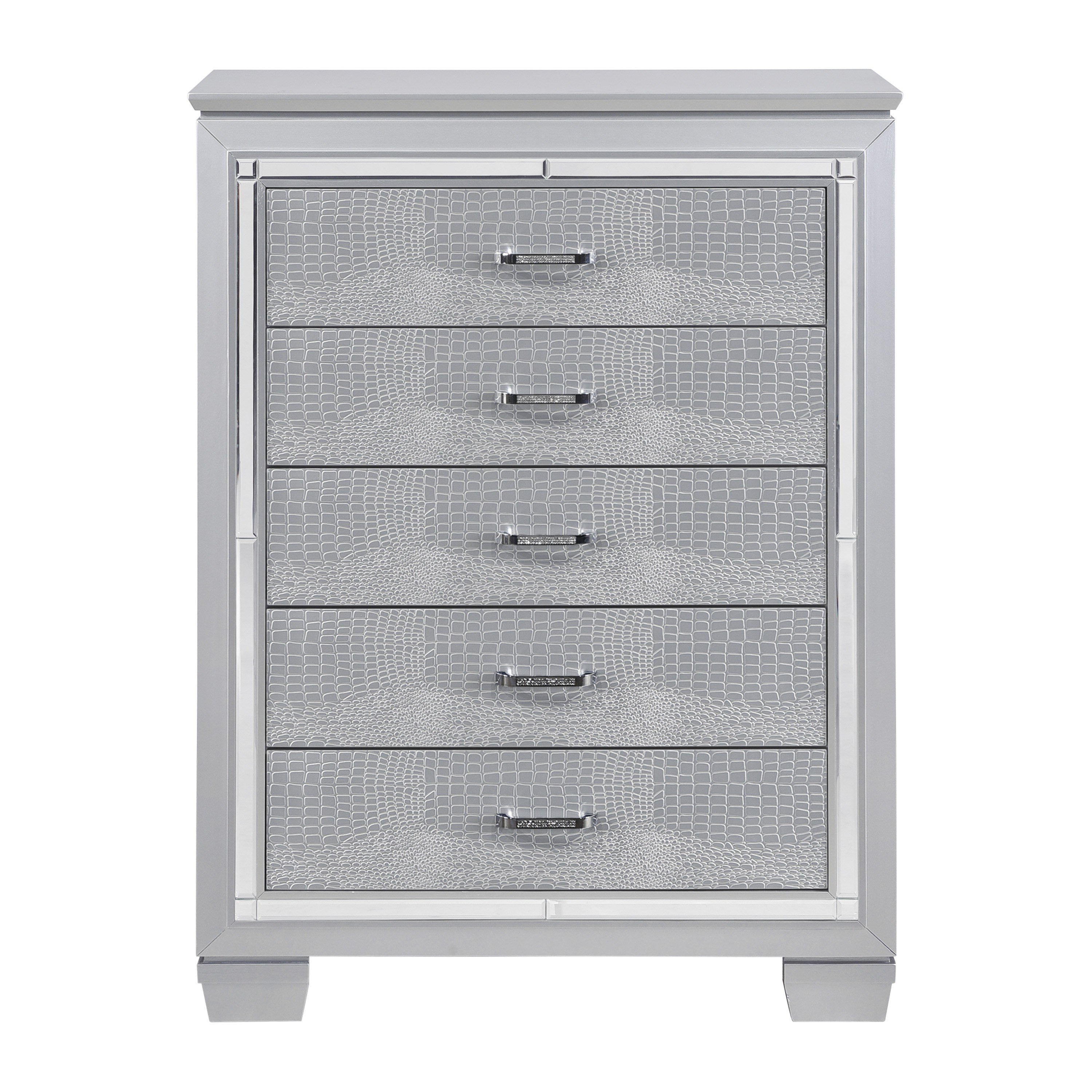 Glamourous Silver Finish 1pc Chest of 5x Dovetail Drawers Faux Alligator Embossed Fronts Bedroom Furniture