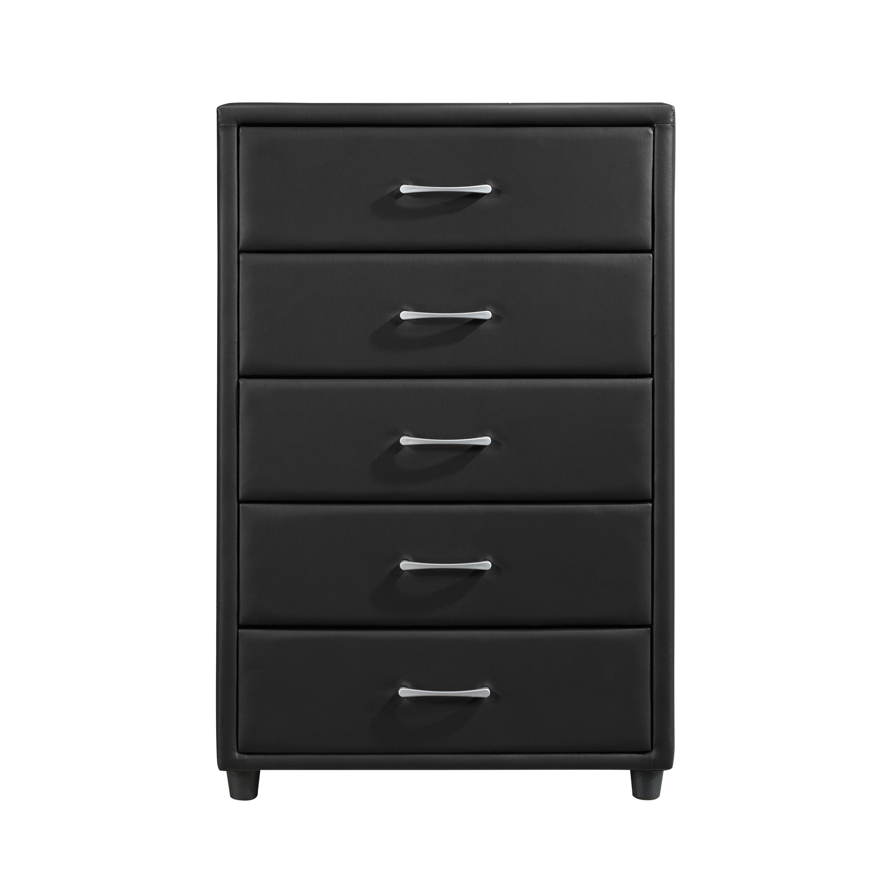 Contemporary Durable Black Faux Leather Covering 1pc Chest of Drawers Silver Tone Bar Pulls Stylish Furniture