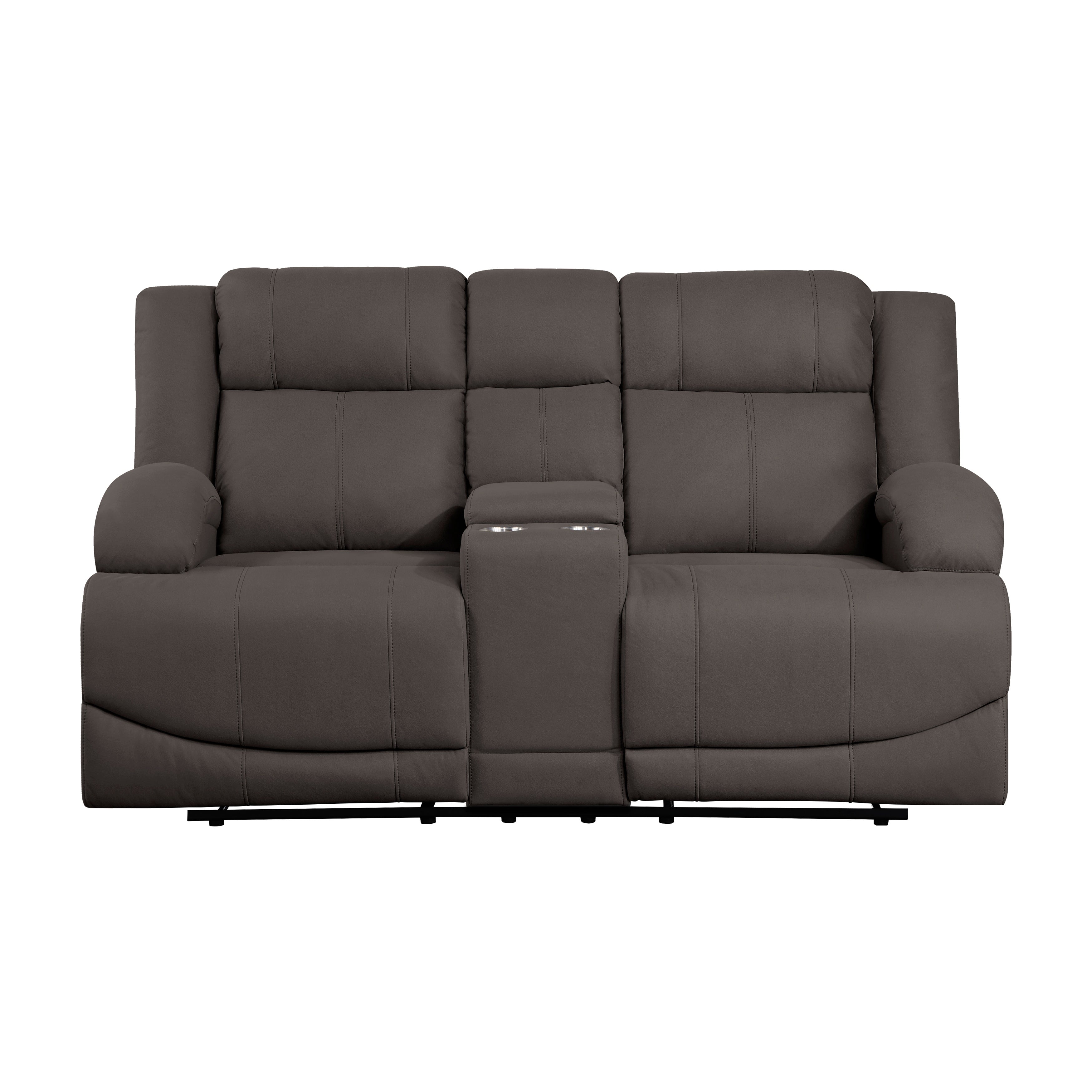 Chocolate Color Microfiber Upholstered 1pc Double Reclining Loveseat with Center Console Transitional Living Room Furniture