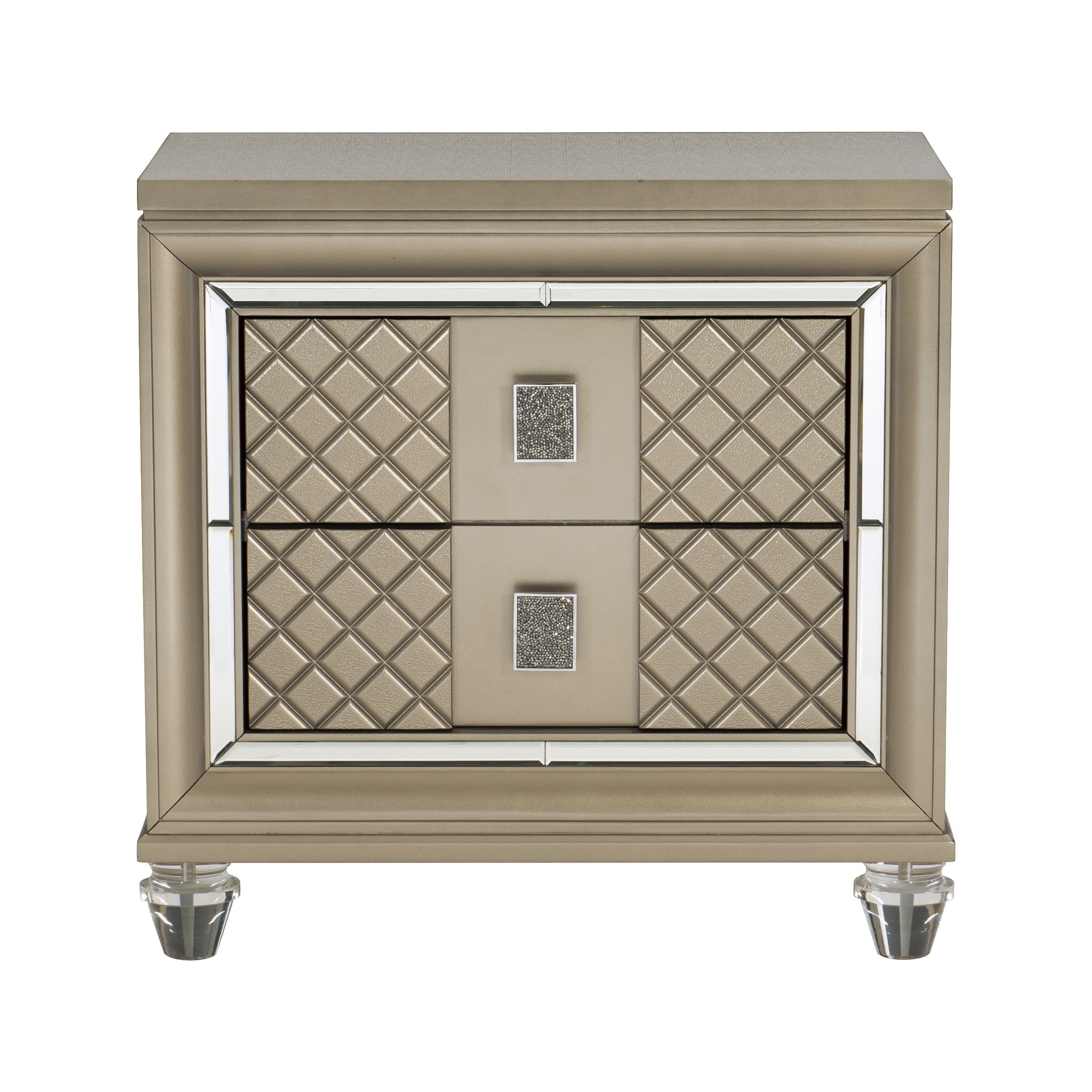 Elegant Design Champagne Metallic Finish 1pc Nightstand Embossed Diamond Pattern Mirrored Framing Modern Style Furniture