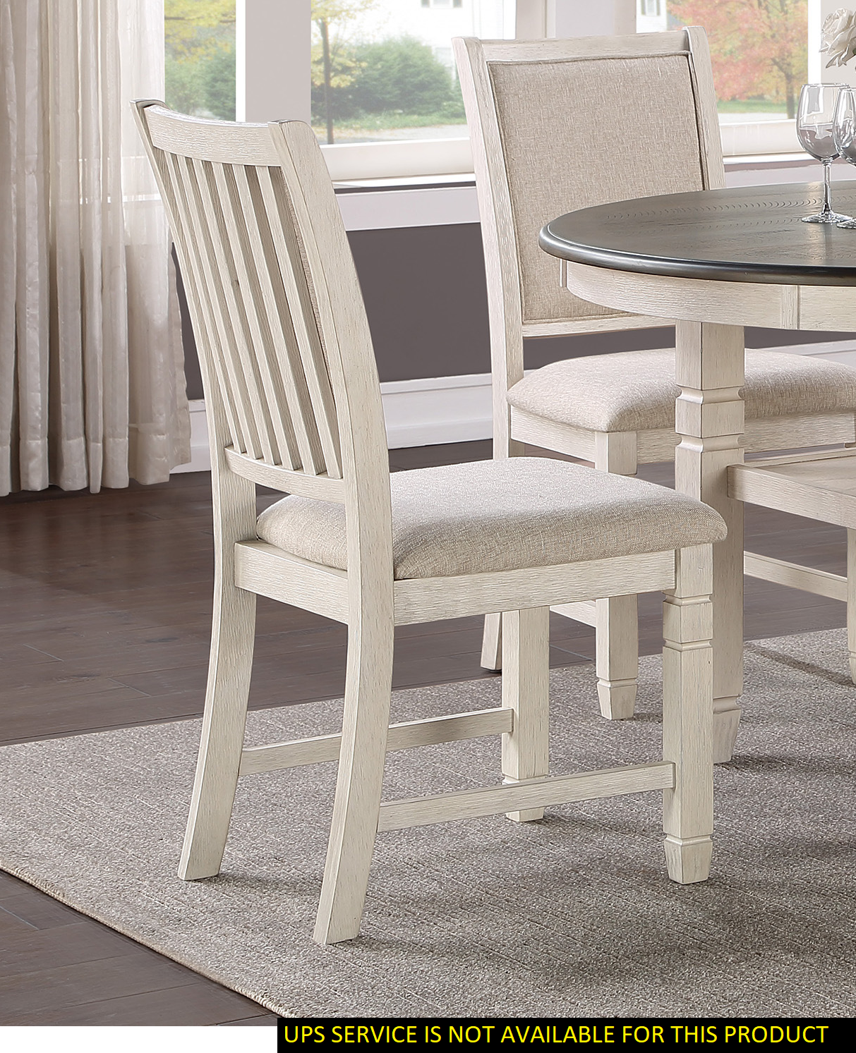 Antique White Finish Wooden Side Chairs 2pcs Set Textured Fabric Upholstered Dining Chairs