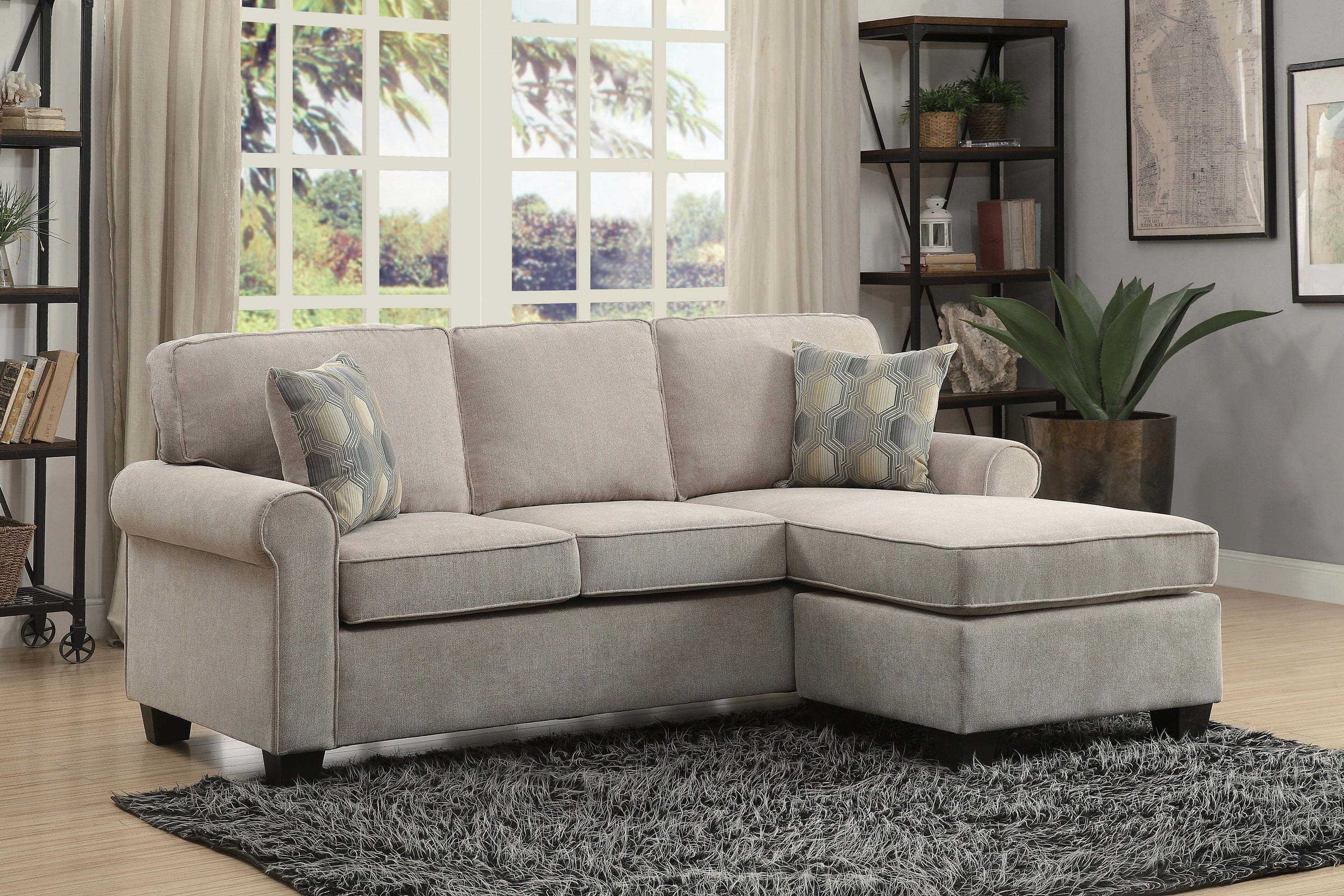 Transitional Design Sectional Sofa 1pc Reversible Sofa Chaise with 2 Pillows Sand Color Microfiber Fabric Upholstered Furniture