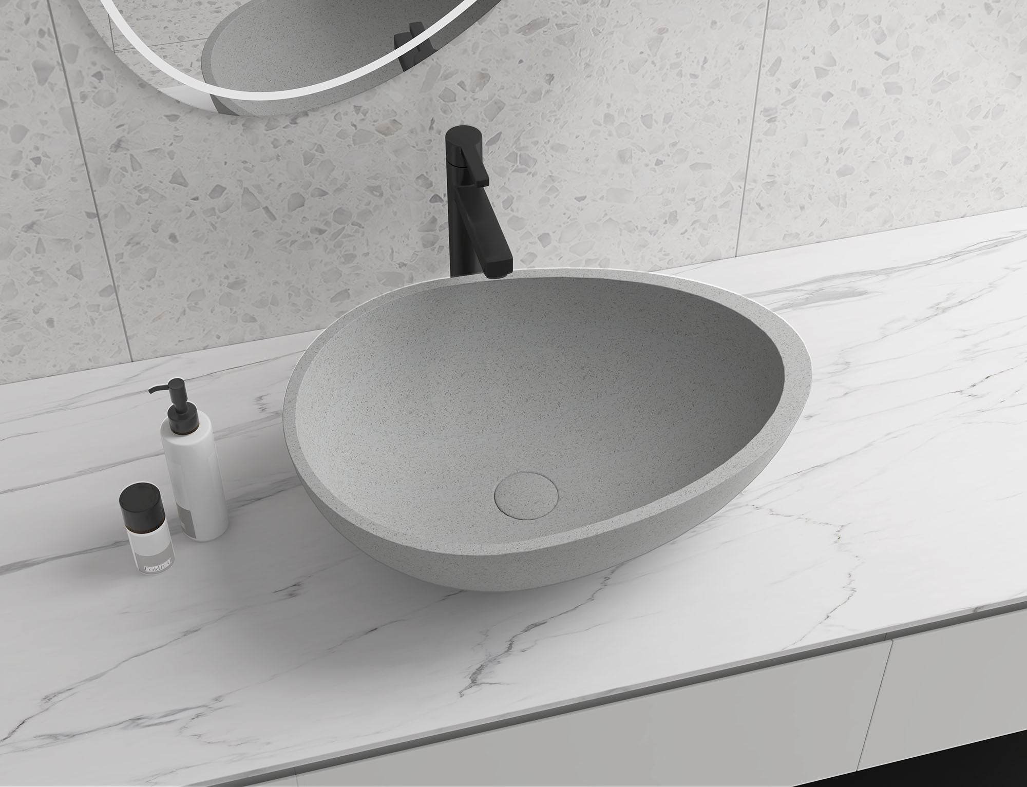 Egg shape Concrete Vessel Bathroom Sink Handmade Concreto Stone Basin Counter Freestanding Bathroom Vessel Sink in Grey without Faucet and Drain