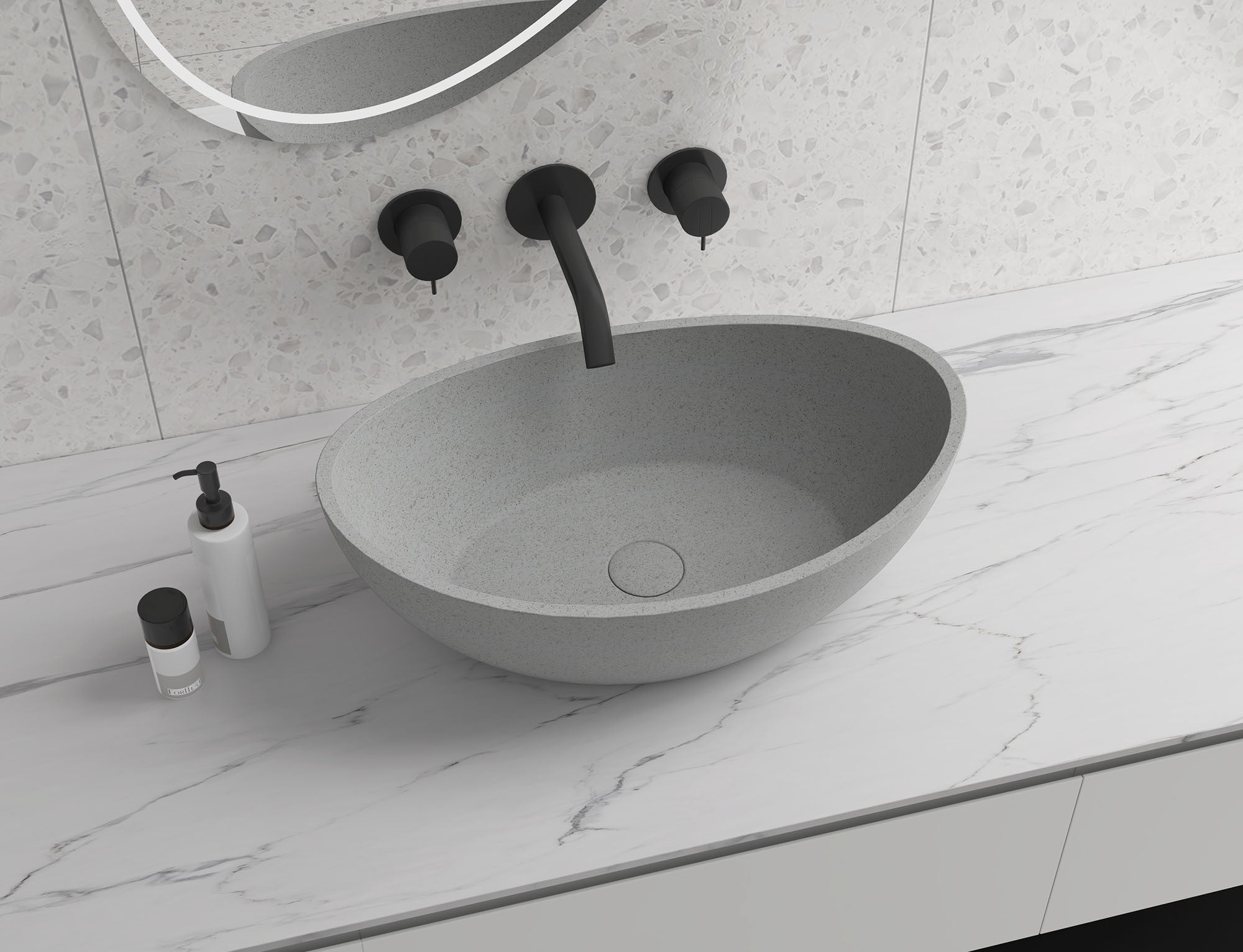 Oval Concrete Vessel Bathroom Sink Handmade Concreto Stone Basin Counter Freestanding Bathroom Vessel Sink in Grey without Faucet and Drain