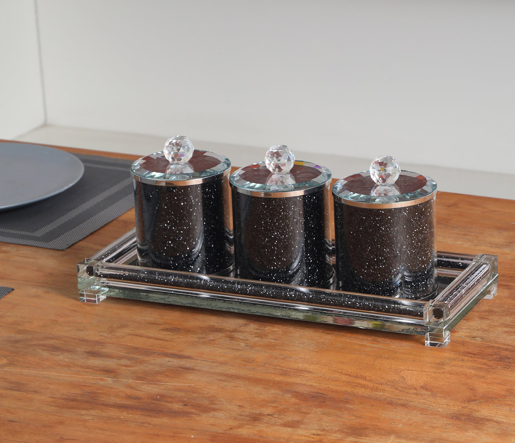 Ambrose Exquisite Tea, Sugar, Coffee Canisters with Tray in Crushed Diamond Glass in Gift Box