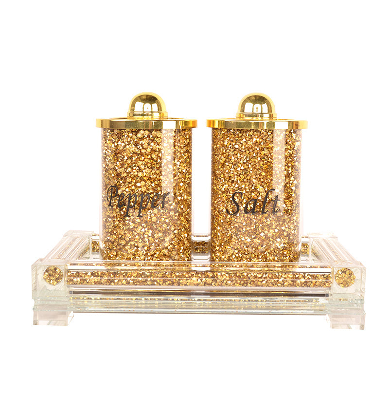 Ambrose Exquisite Salt & Pepper Canisters with Tray in Crushed Diamond Glass in Gift Box