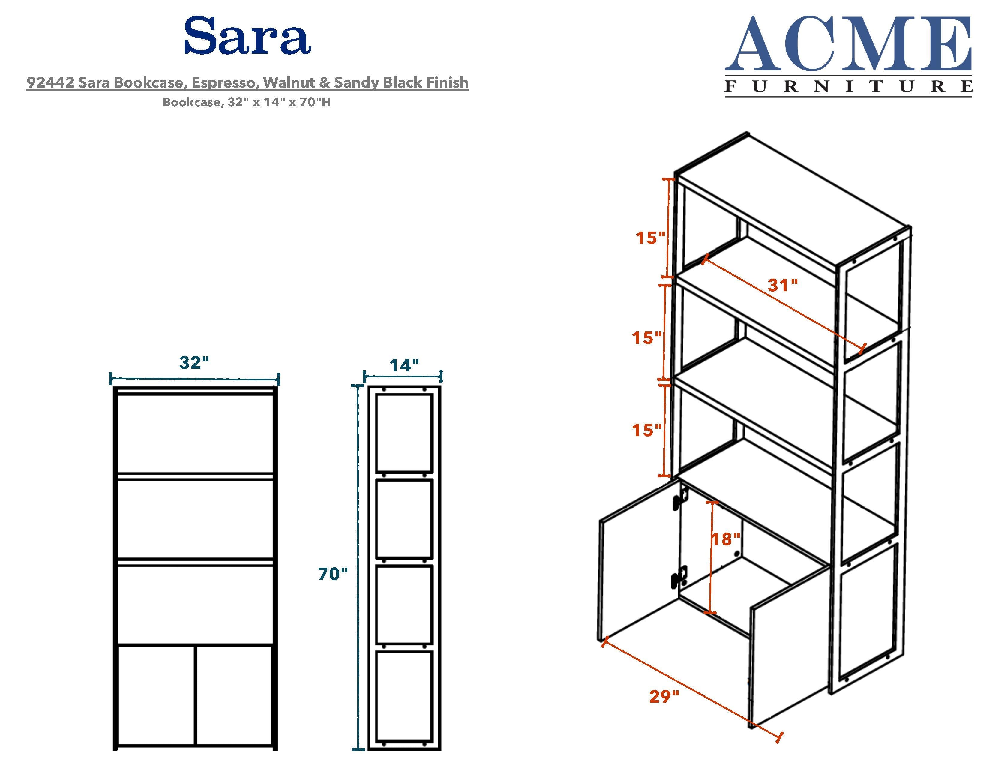 ACME Sara Bookcase in Espresso PU, Walnut & Sandy Black 92442