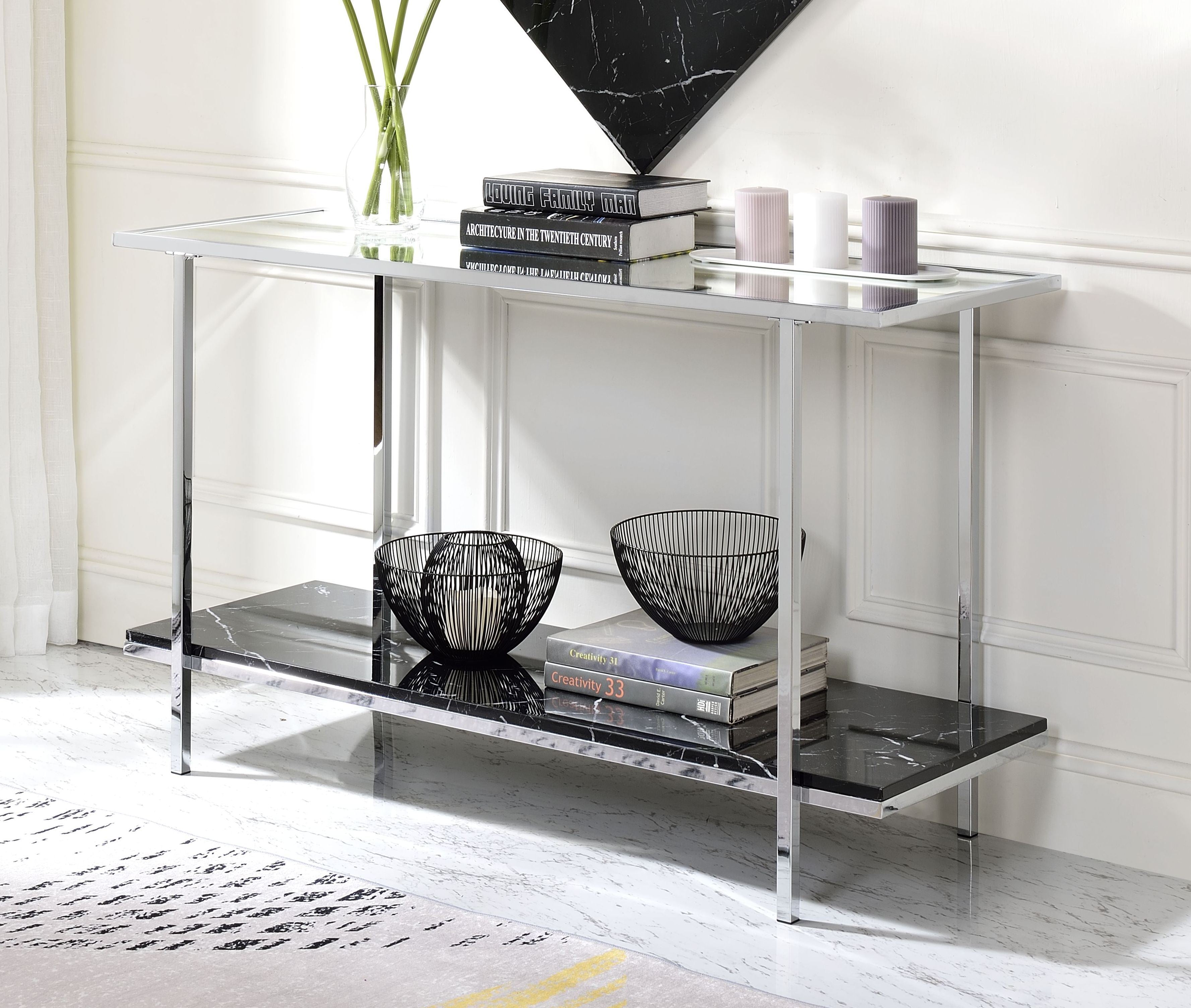 ACME Angwin Console Table, Mirrored, Faux Marble & Chrome 90515