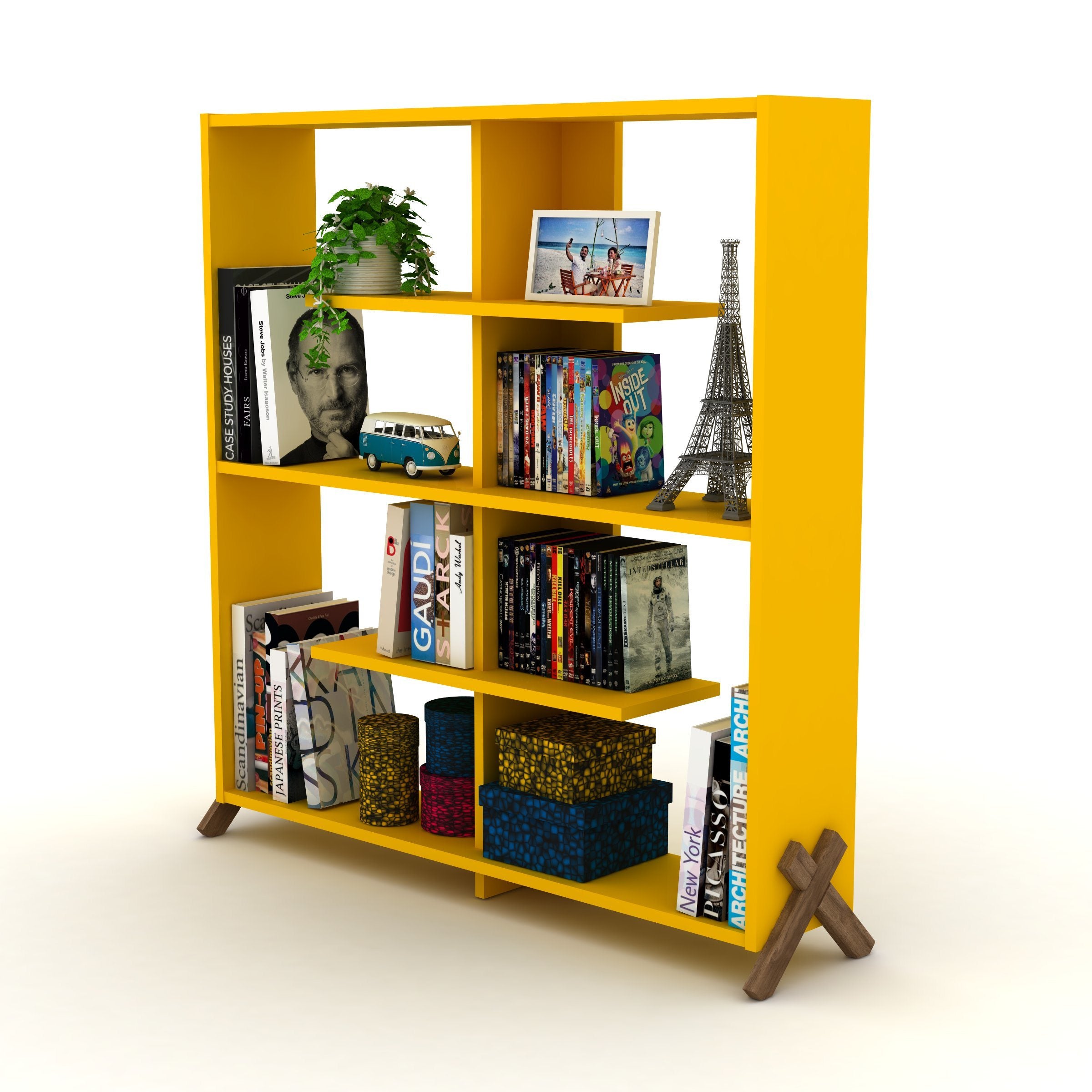 Furnish Home Store Kipp Wood Frame Etagere Open Back 6 Shelves Bookcase Industrial Bookshelf for Office and Living Rooms Modern Bookcases Large Bookshelf Organizer, Walnut/Yellow