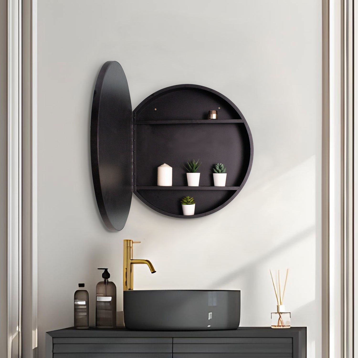 24x24 inch Black Metal Framed Wall mount Bathroom Medicine Cabinet with Mirror