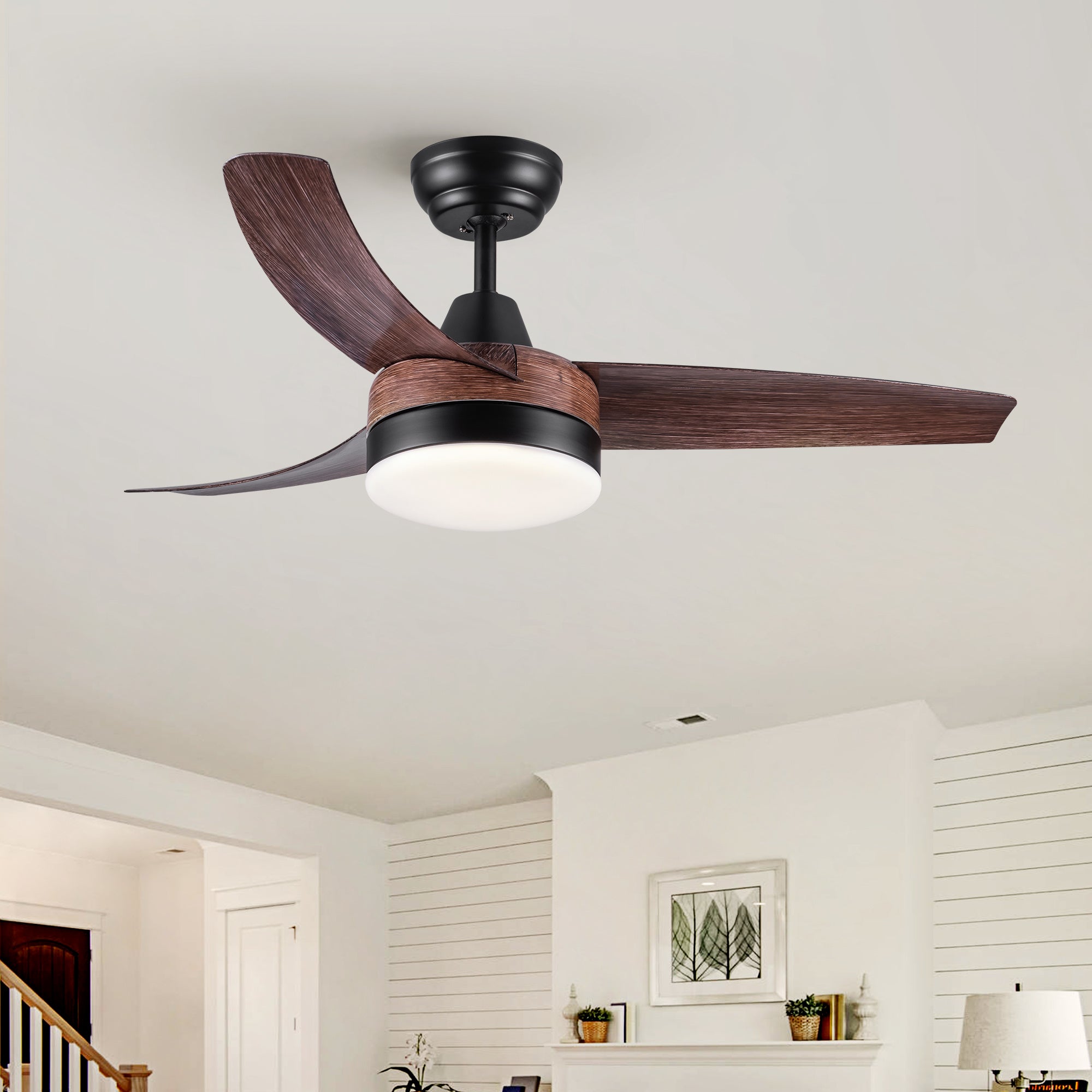 42 In Intergrated LED Ceiling Fan Lighting with Brown Wood Grain ABS Blade