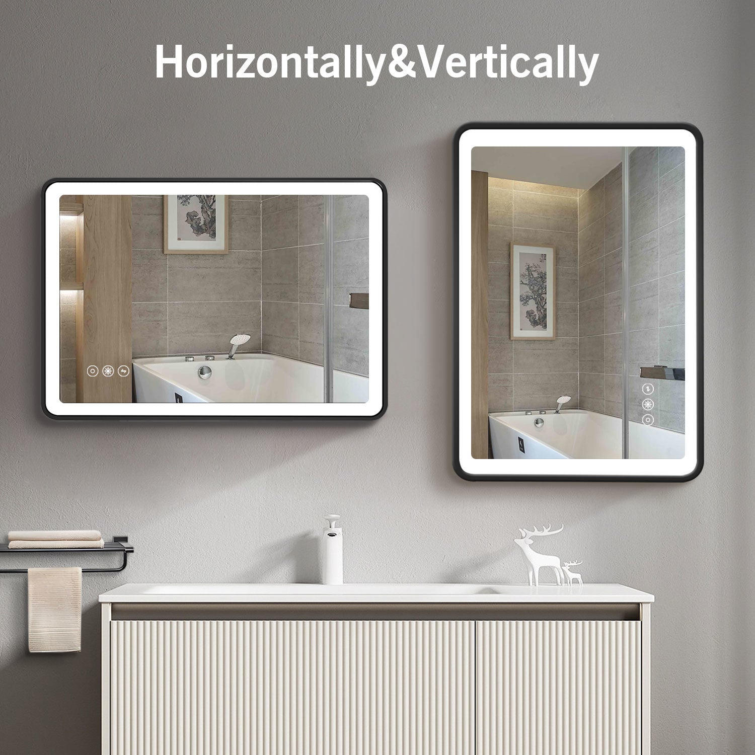 24x32 Black Metal Framed Bathroom Mirror for Wall Rounded Rectangle Mirror, Bathroom Vanity Mirror, Hotel, Anti-Rust Hangs Horizontally or Vertically