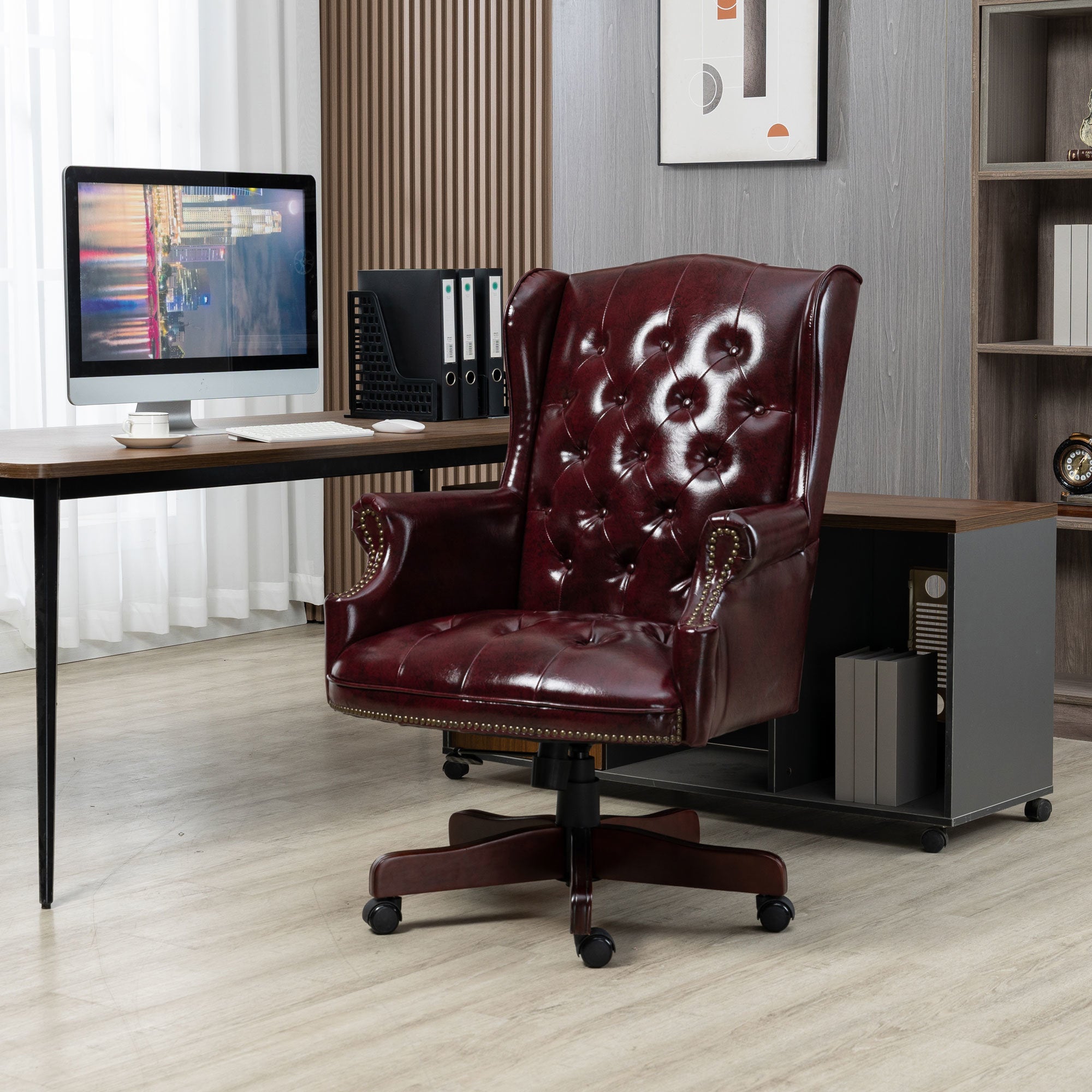 Executive Office Chair - High Back Reclining Comfortable Desk Chair - Ergonomic Design - Thick Padded Seat and Backrest - PU Leather Desk Chair with Smooth Glide Caster Wheels; 1 Pack Burgundy