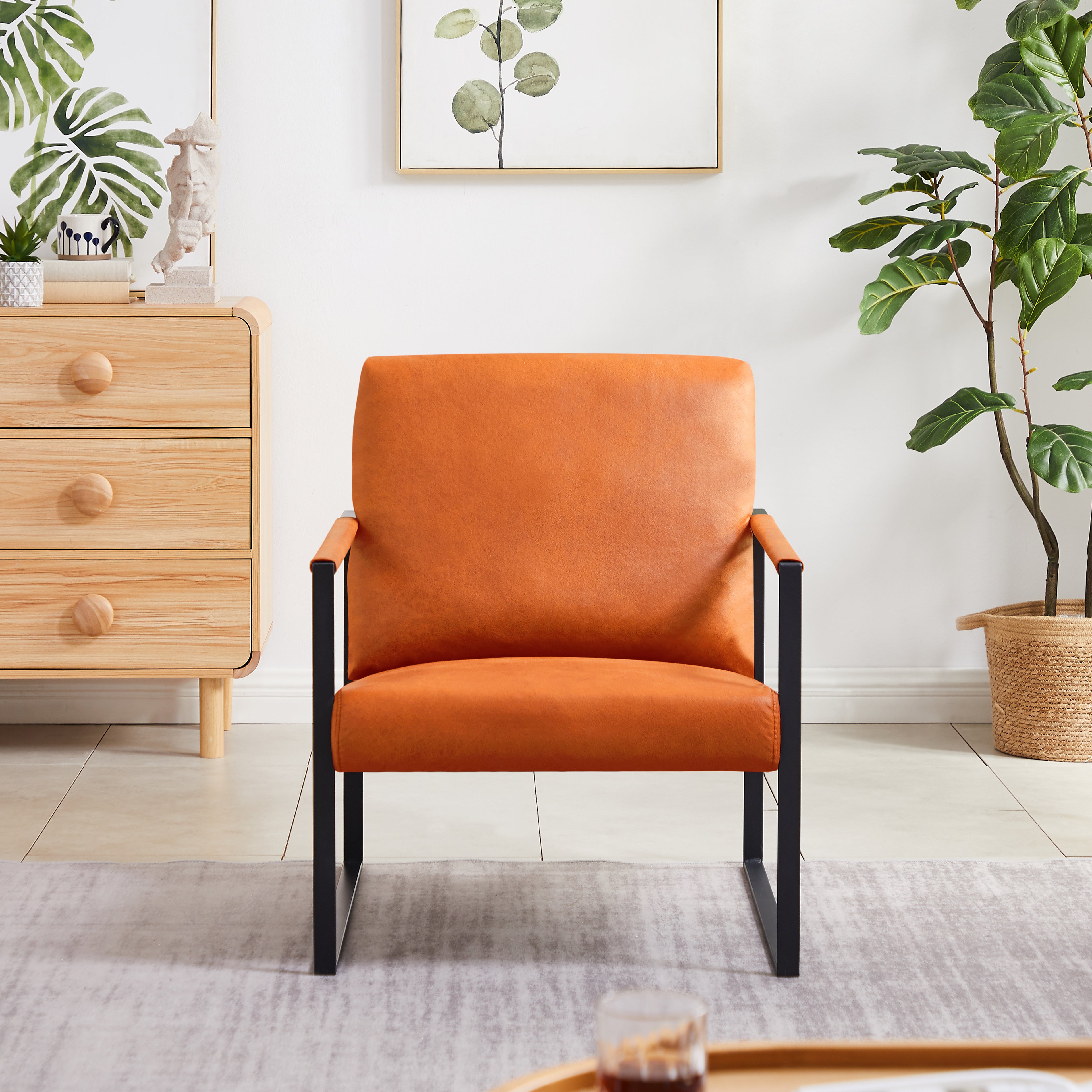 Lounge, living room, office or the reception area PVC leather accent arm chair with Extra thick padded backrest and seat cushion sofa chairs,Non-slip adsorption feet,sturdy metal frame,Orange