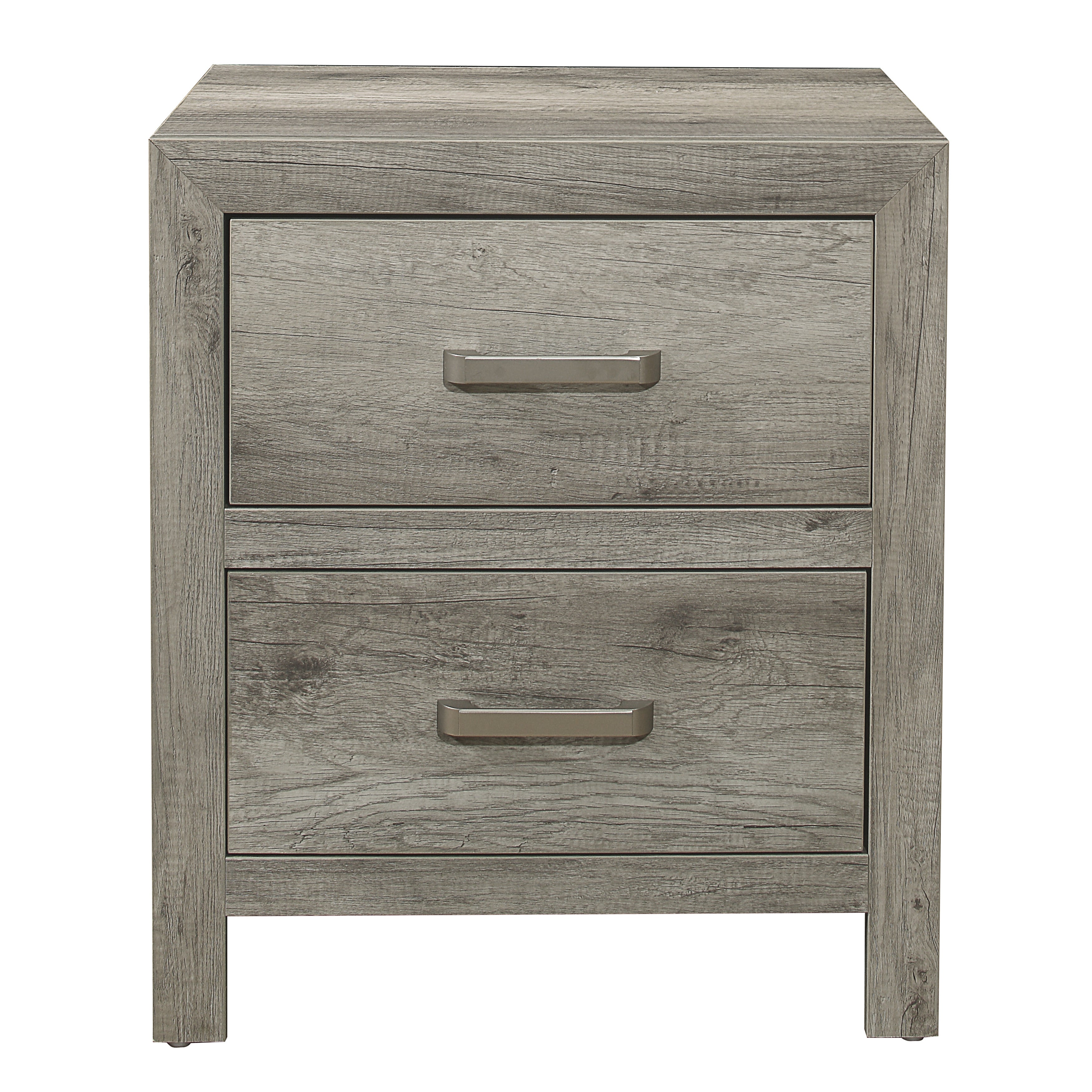 Transitional Aesthetic Bedroom Nightstand Faux Wood Veneer Weathered Gray Finish Nickel Hardware Bed Side Table