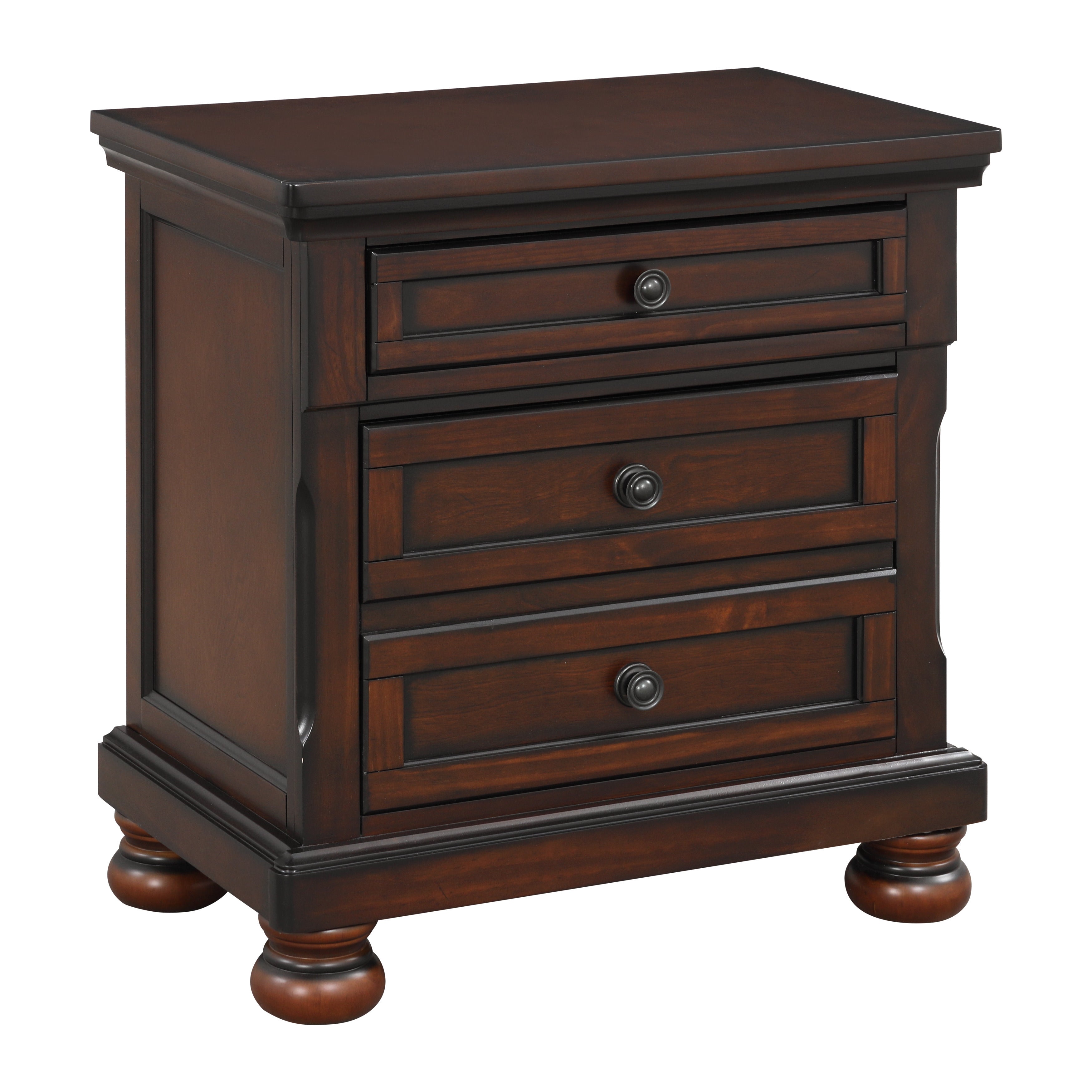 Classic Transitional Nightstand Brown Cherry Finish Birch Veneer Hidden Drawer Bun Feet Bedroom Furniture