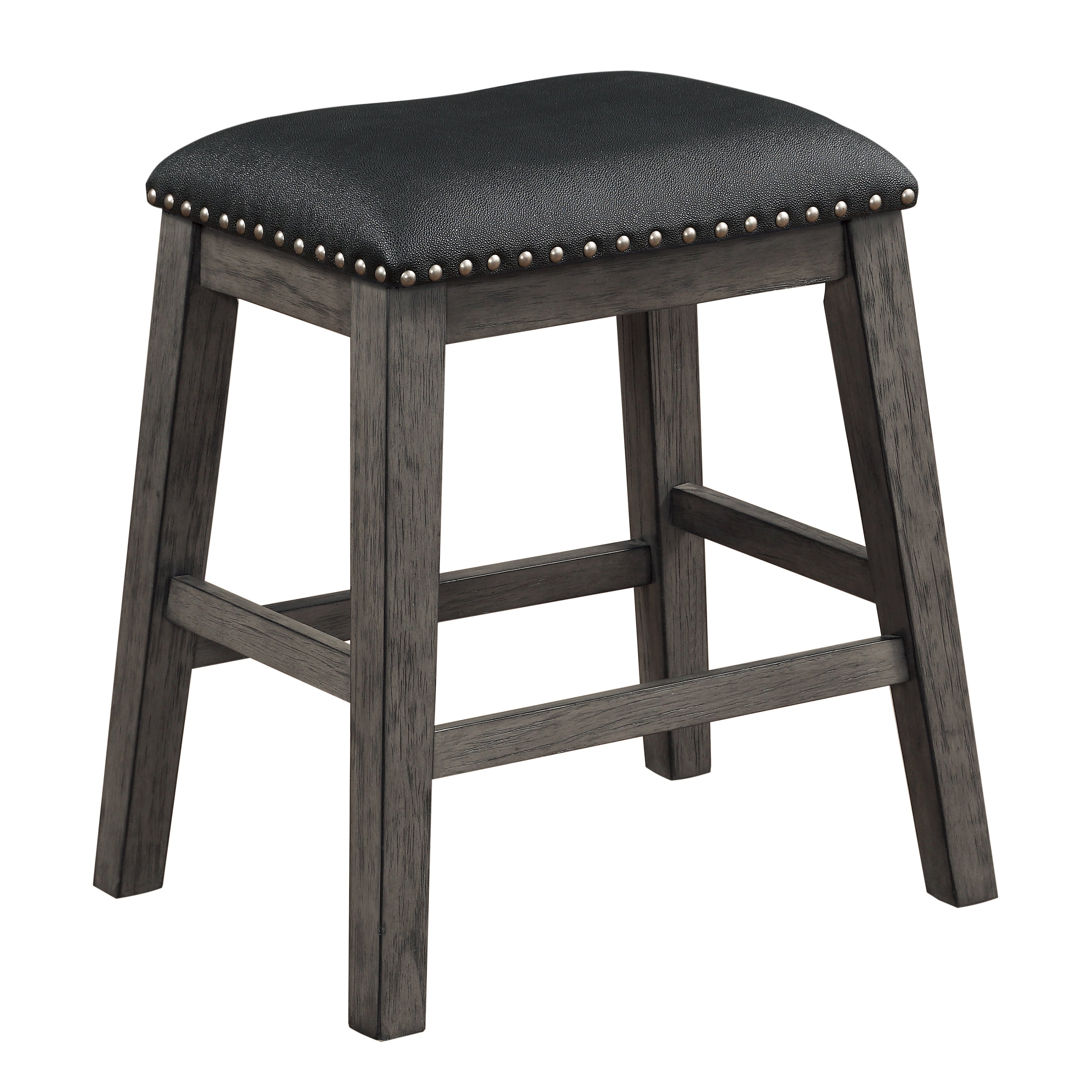 Gray Finish Set of 2 Counter Height Barstool Black Faux Leather Seat Nailhead Trim Casual Dining Furniture