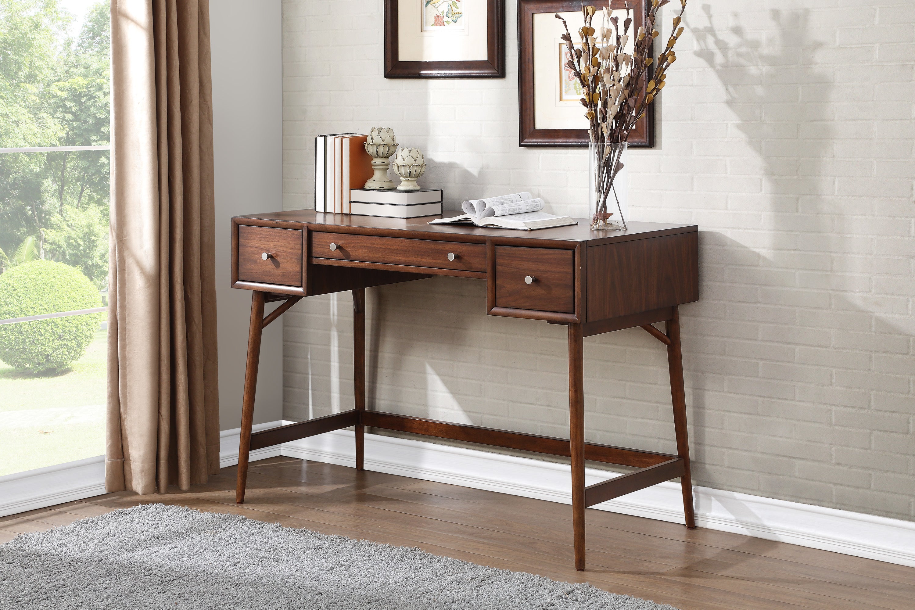 Modern Styling Counter Height Writing Desk Brown Finish Storage Drawers Nickel Knob Hardware Walnut Veneer Wood Furniture