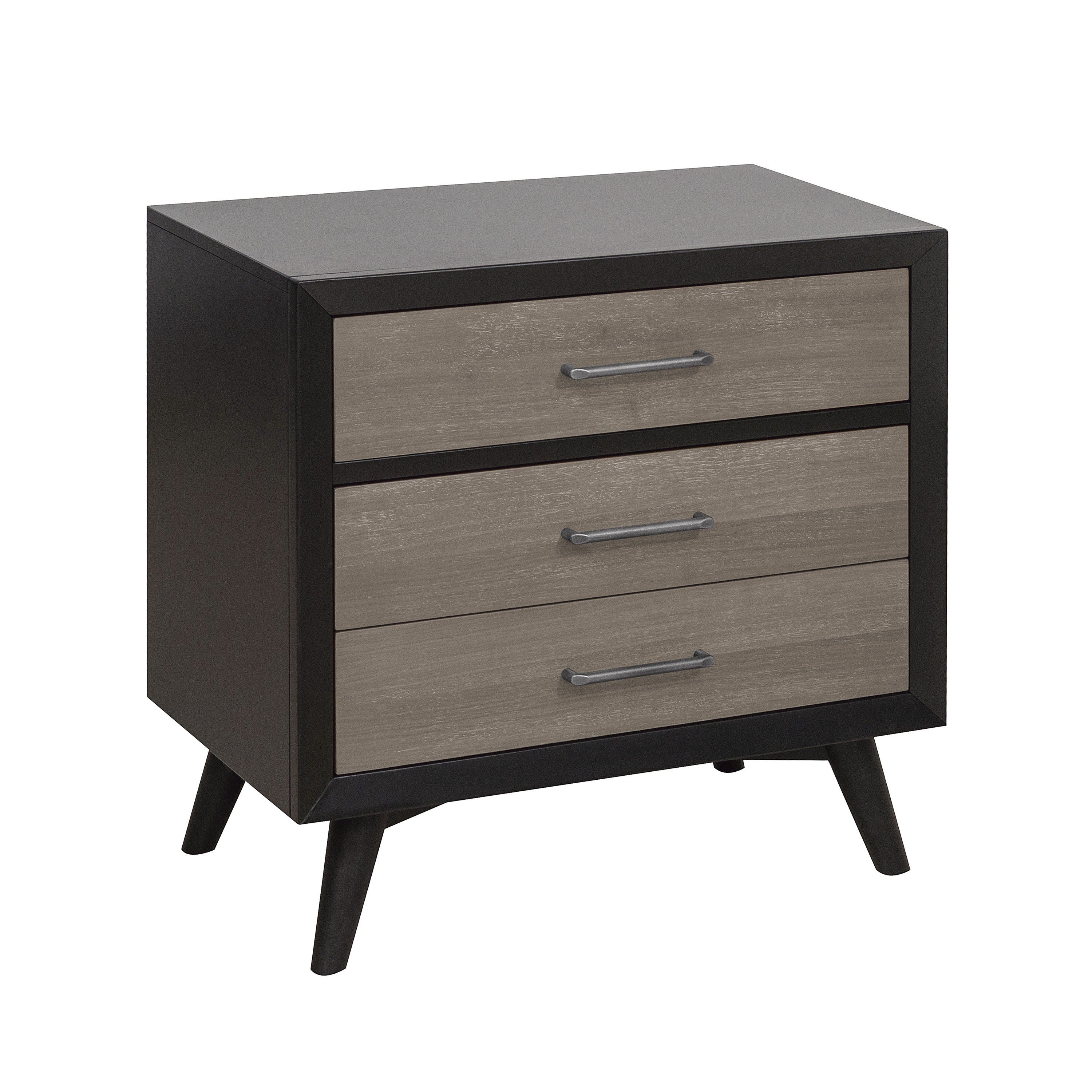 Stylish Two-Tone Finish Bedroom Nightstand Walnut Veneer Wood Retro Design 3 Drawers Tapered Legs