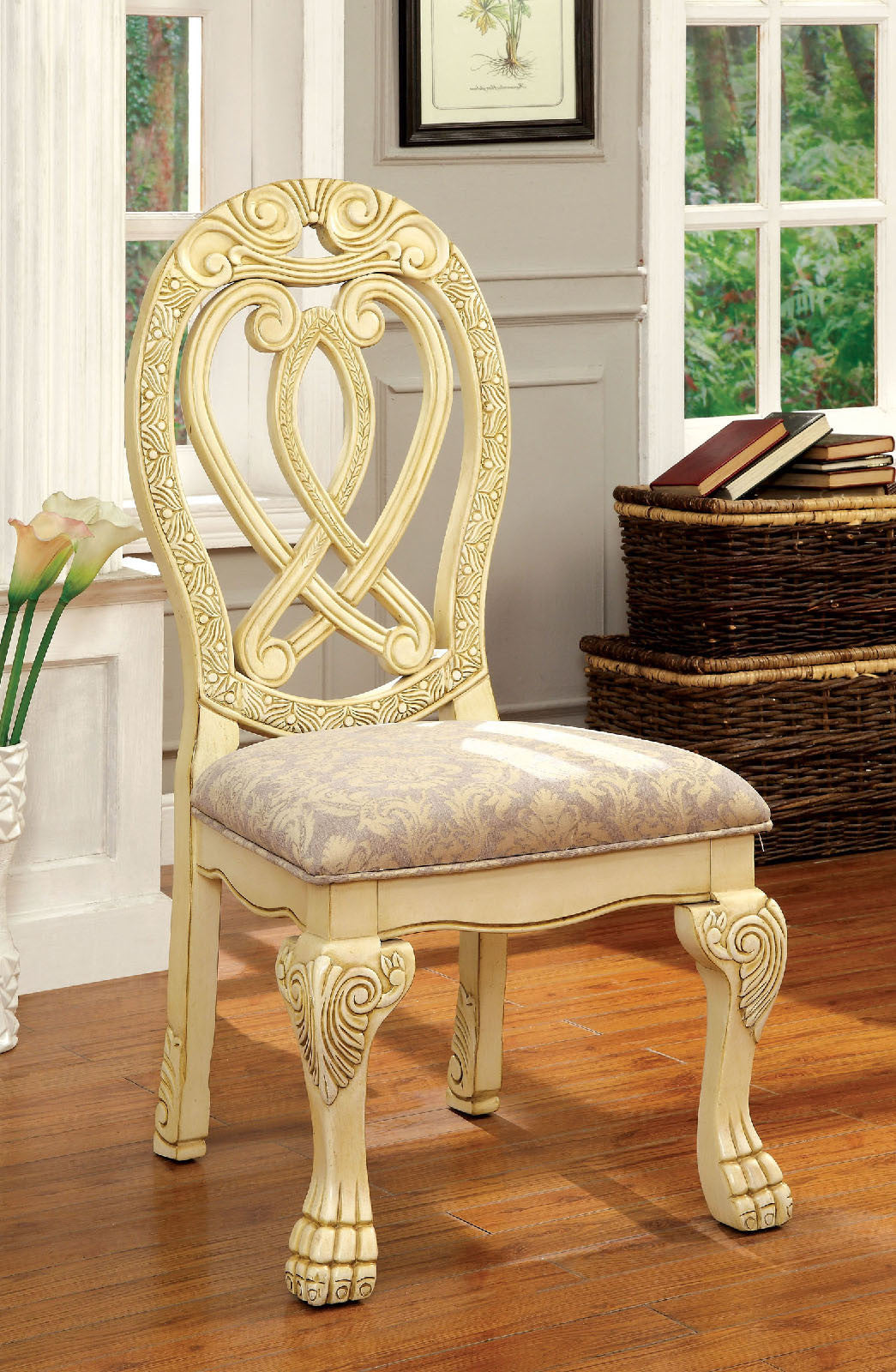 Formal Majestic Traditional Dining Chairs Vintage White Solid wood Fabric Seat Intricate Carved Details Set of 2 Side Chairs