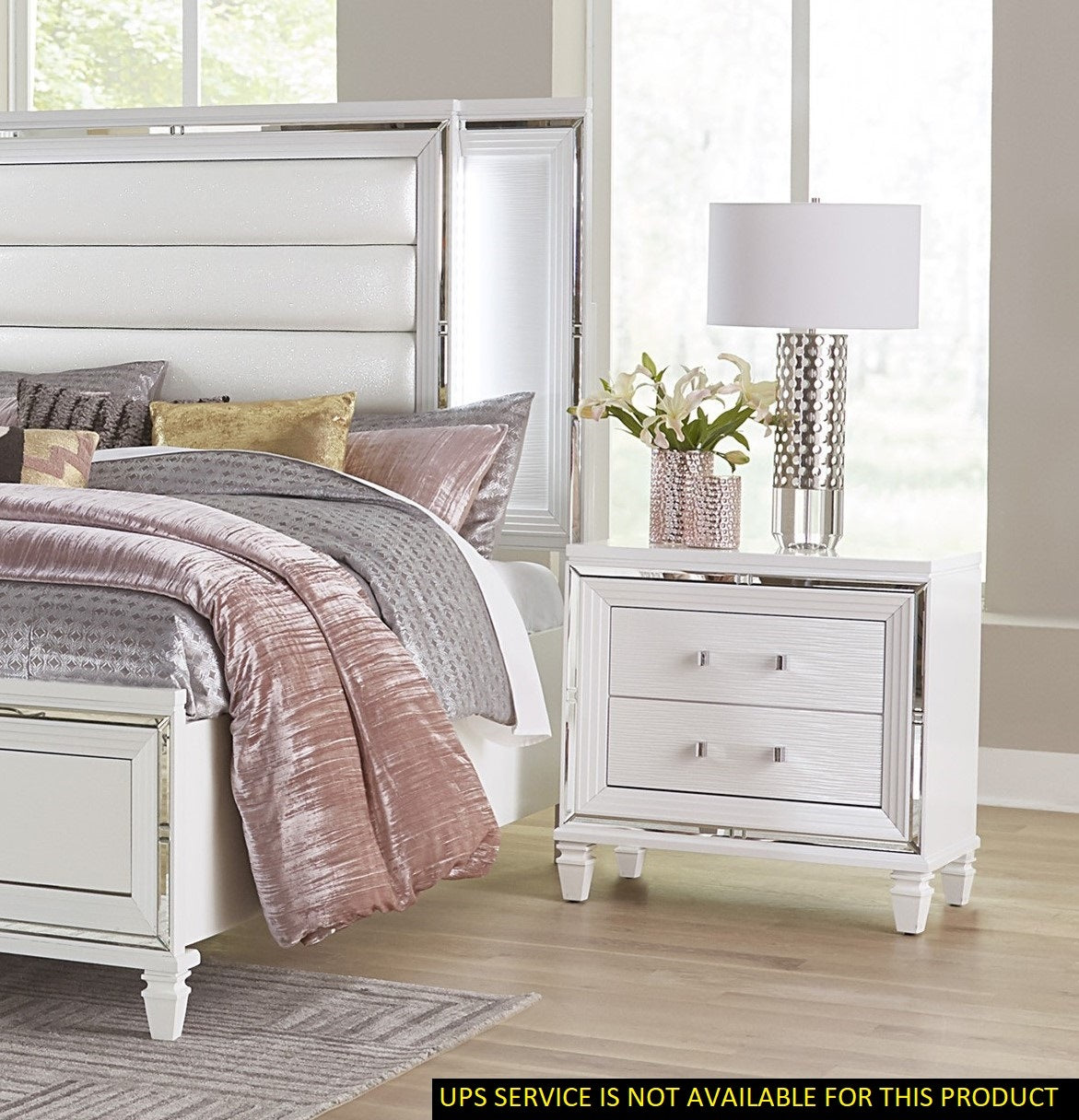 Glamorous White Silver Finish 1pc Nightstand of 2x Drawers Acrylic Bar Pulls Stylish Bedroom Furniture