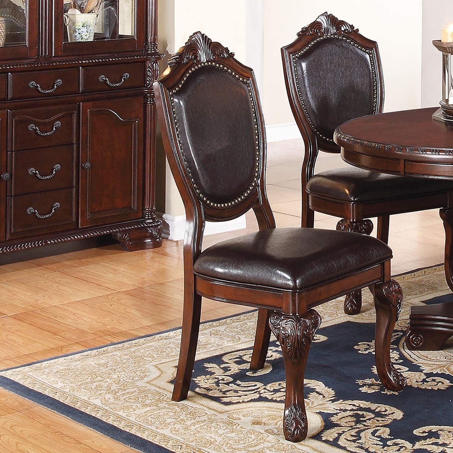 Royal Majestic Formal Set of 2 Side Chairs Brown Color Rubberwood Dining Room Furniture Intricate Design Faux Leather Upholstered Seat