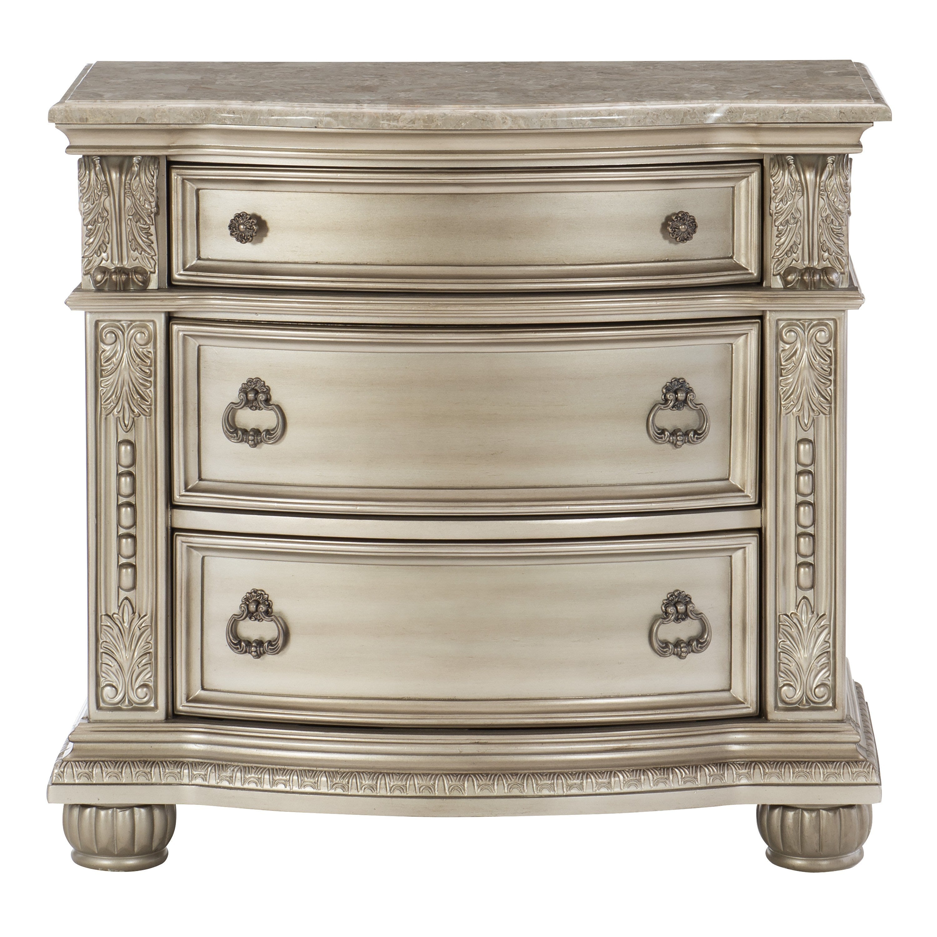 Silver Finish European Design 1pc Nightstand w Genuine Marble Top Traditional Bedroom Furniture